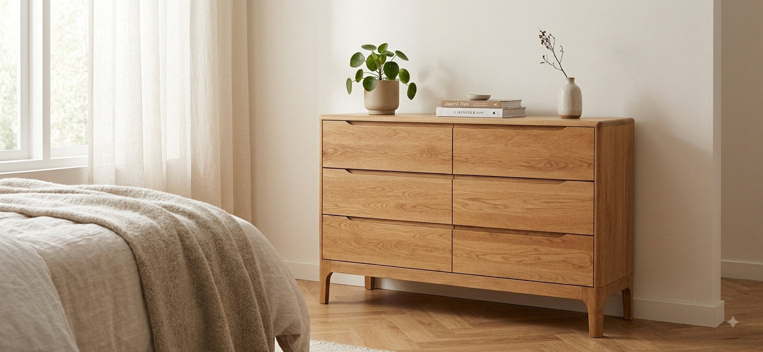 Kommode VIKEN – massives Eichenholz, 6 Schubladen, 125 cm