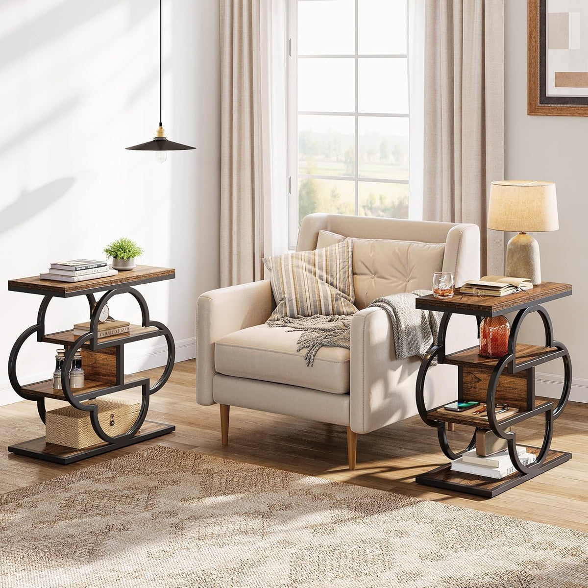 Schmaler Beistelltisch – 4-stöckiges Holzregal mit Metallrahmen