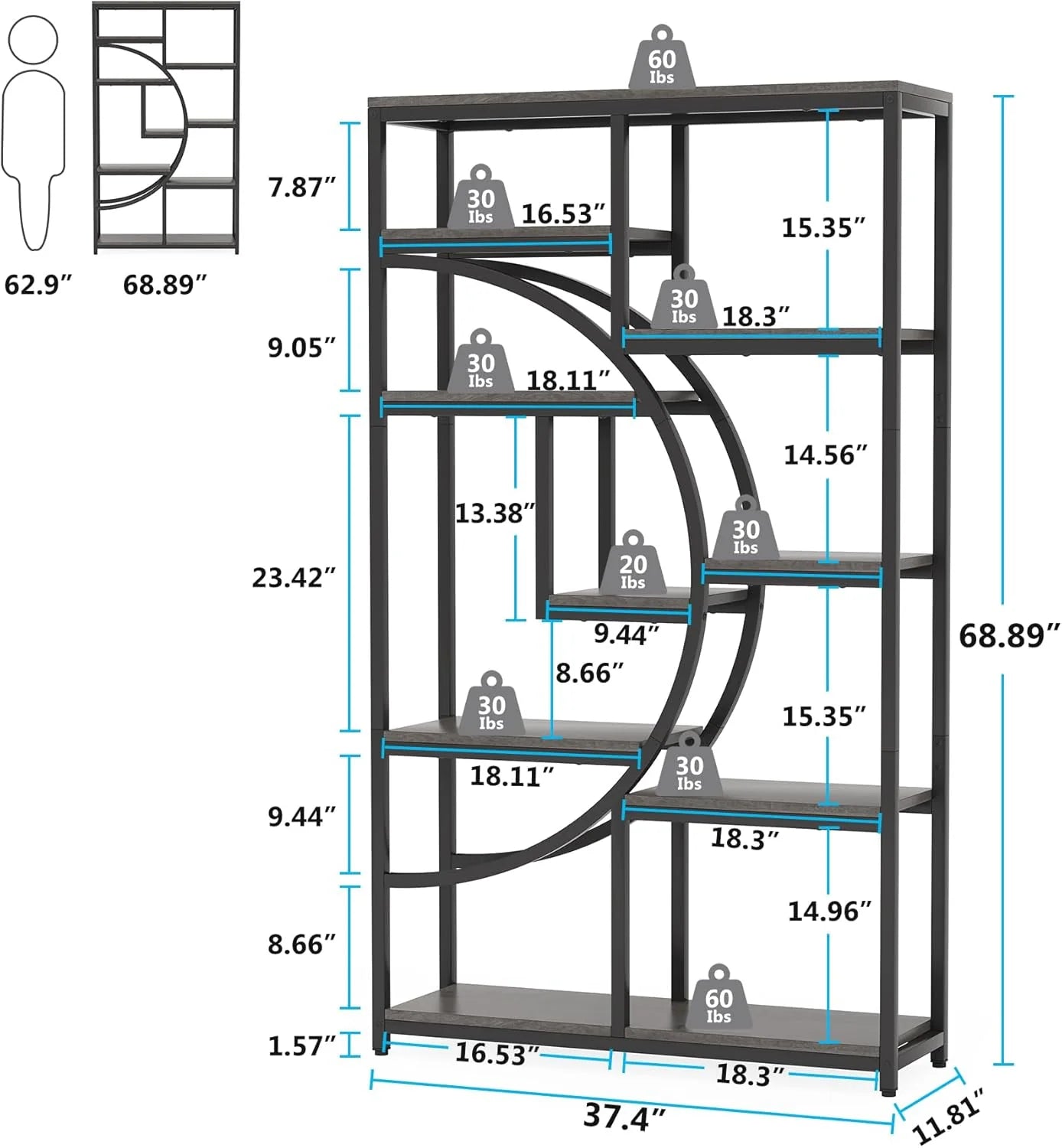 Etagere 175 cm mit 9 Regalböden - geometrisches Design