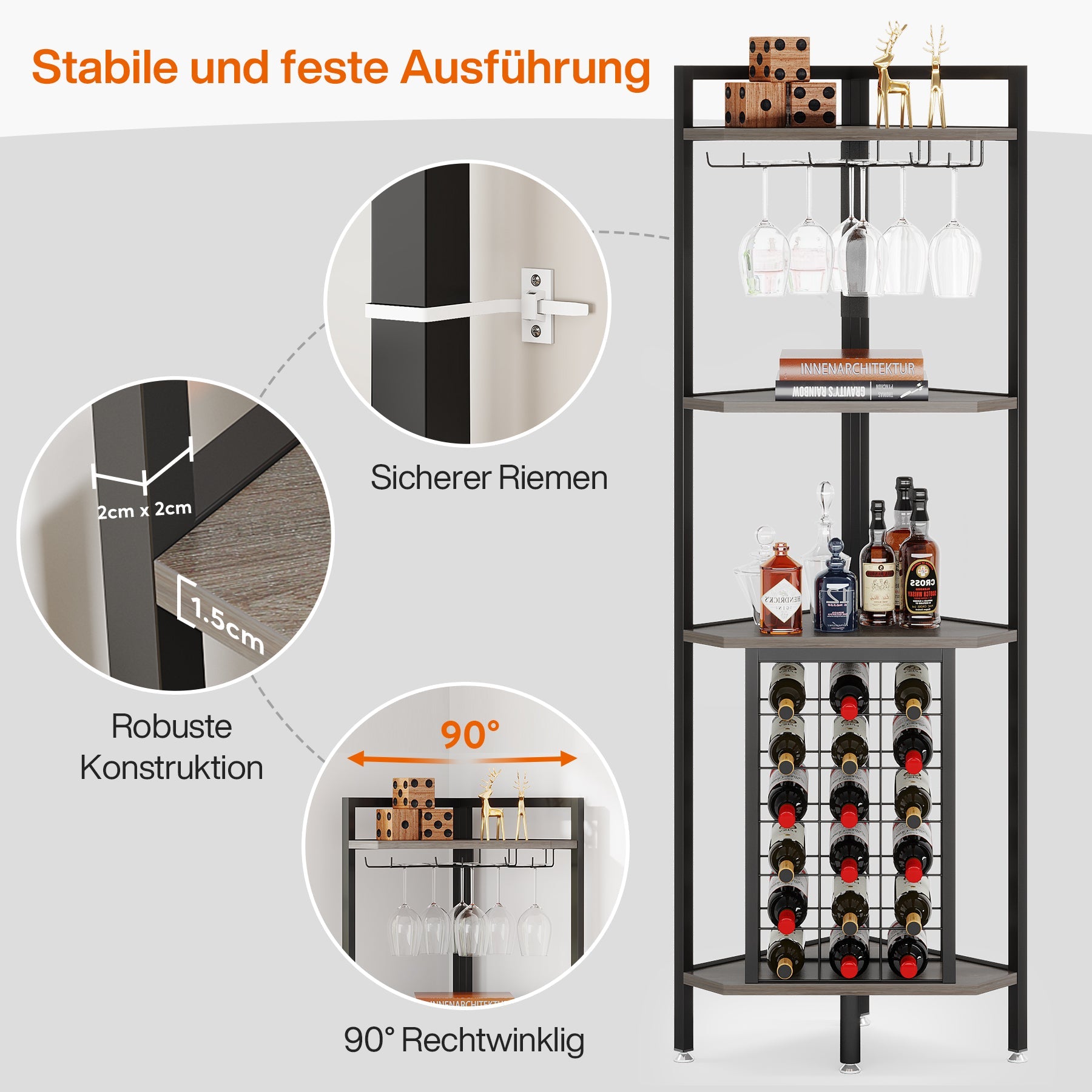 Eckweinregal mit Glashalterung