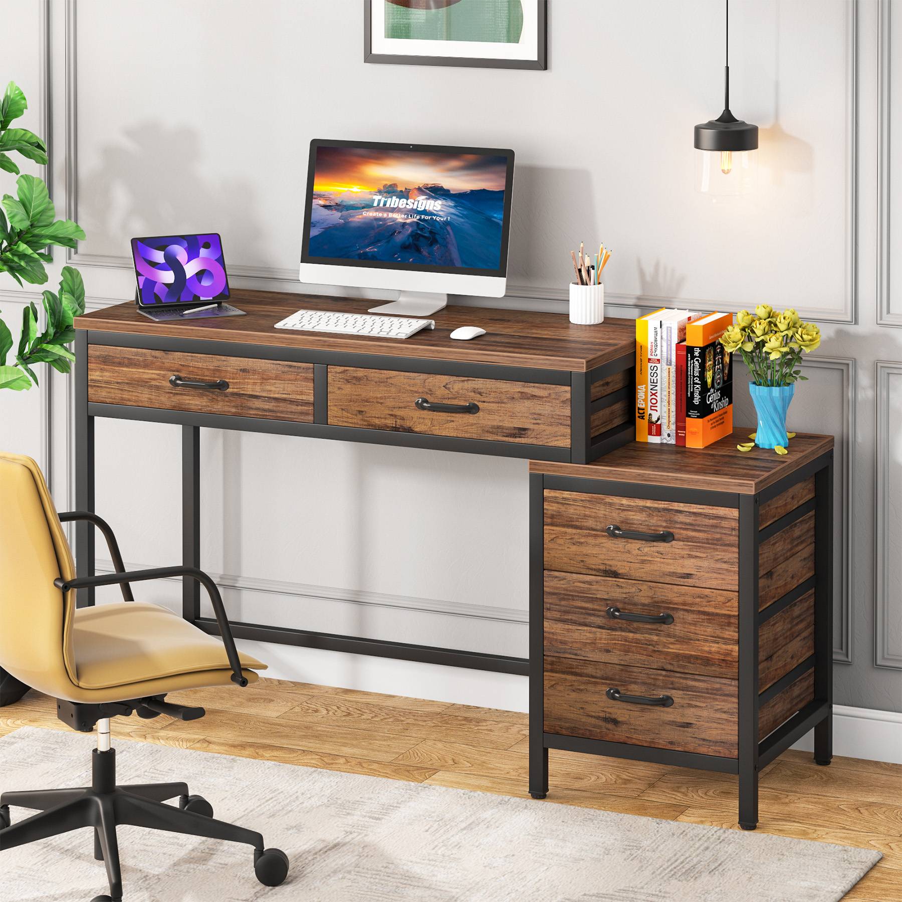 Schreibtisch mit 5 Schubladen und umkehrbarem Aktenschrank