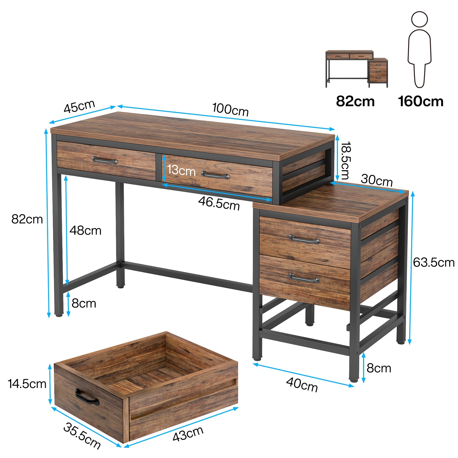 Schreibtisch mit 5 Schubladen und umkehrbarem Aktenschrank