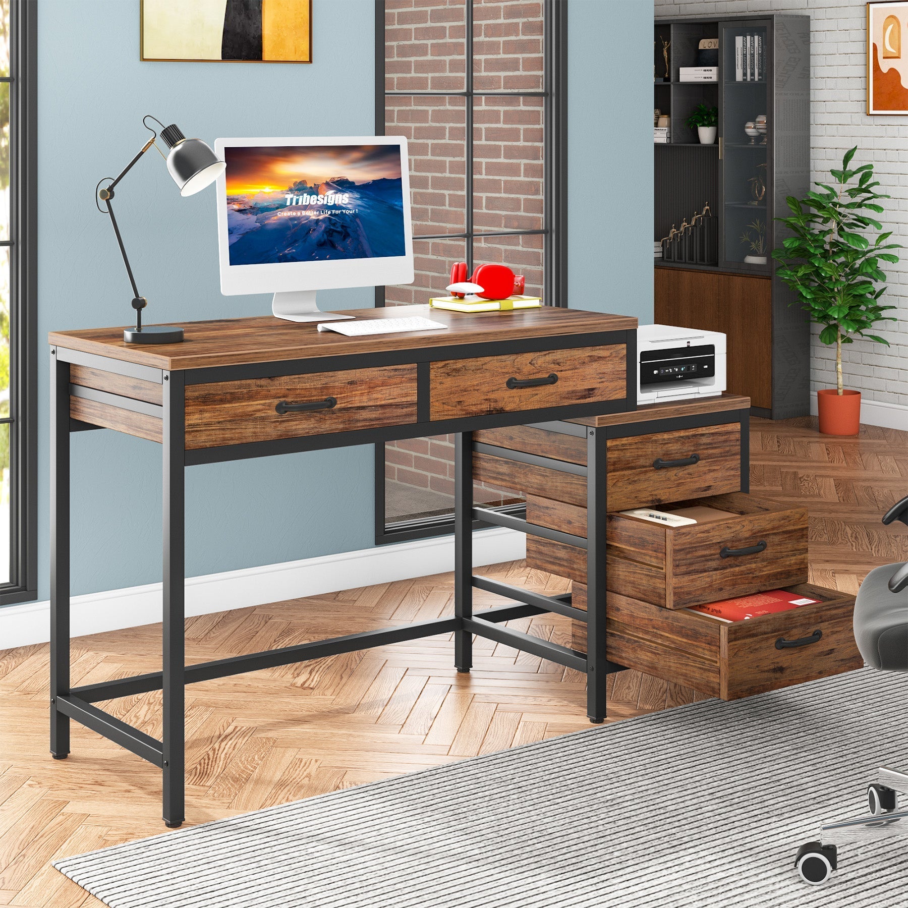 Schreibtisch mit 5 Schubladen und umkehrbarem Aktenschrank