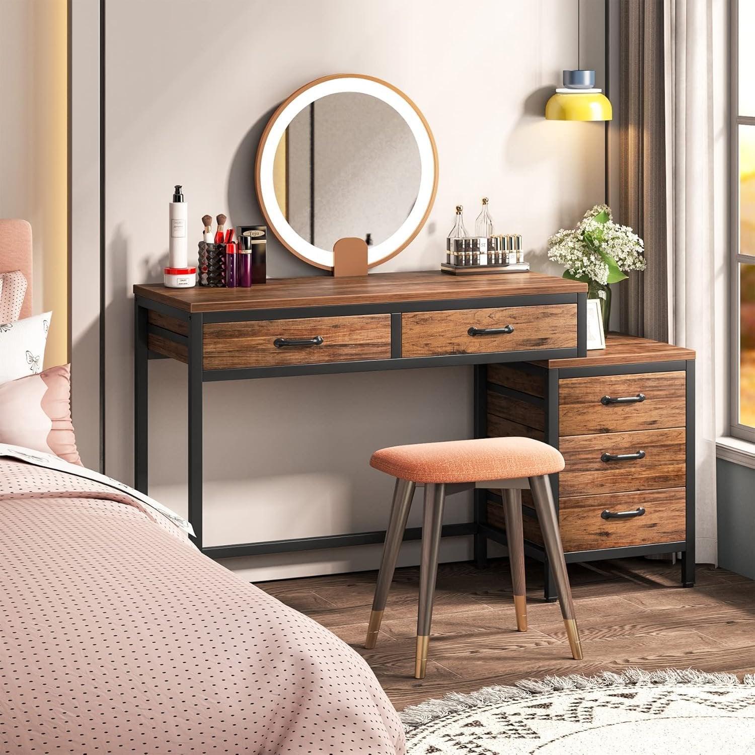 Schreibtisch mit 5 Schubladen und umkehrbarem Aktenschrank