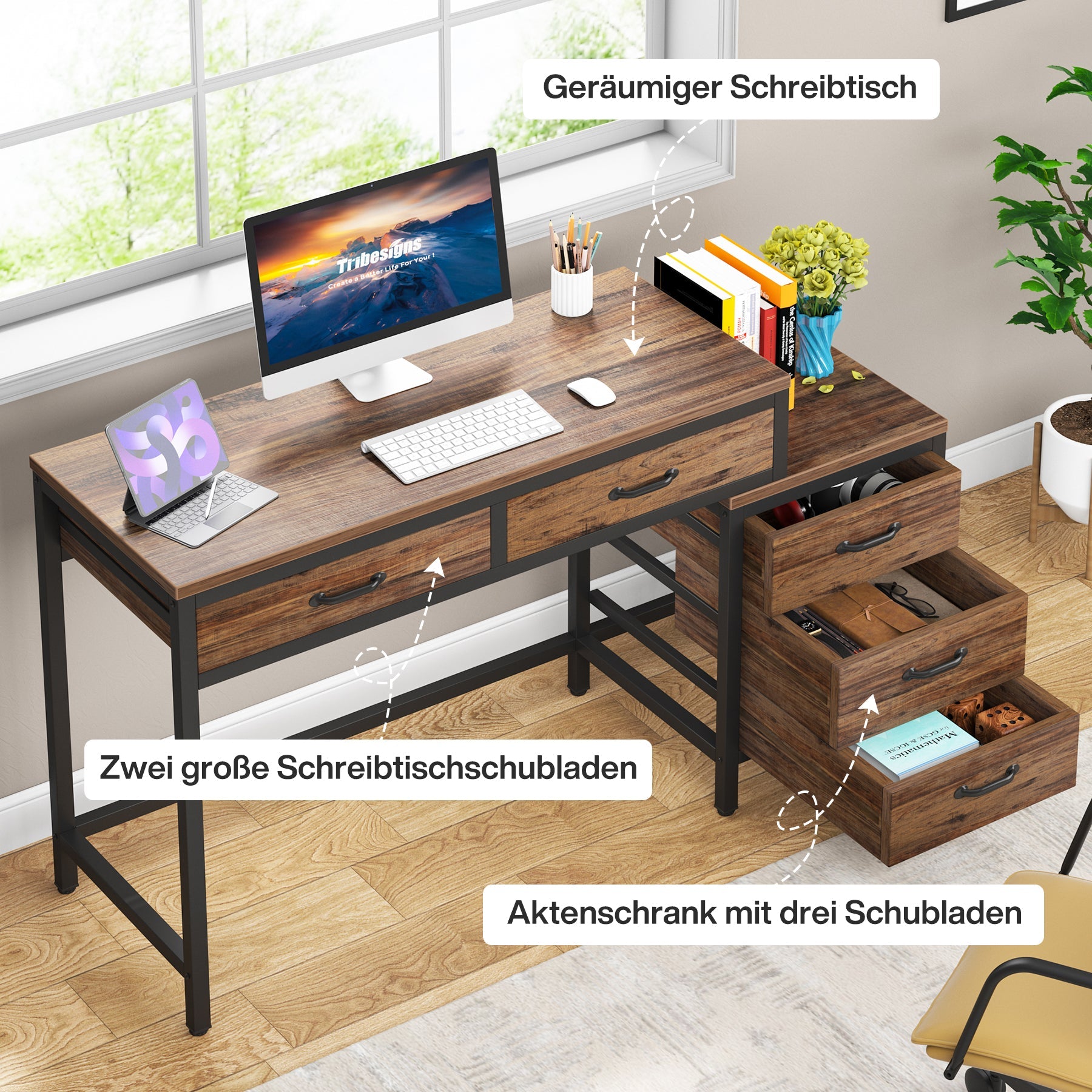 Schreibtisch mit 5 Schubladen und umkehrbarem Aktenschrank