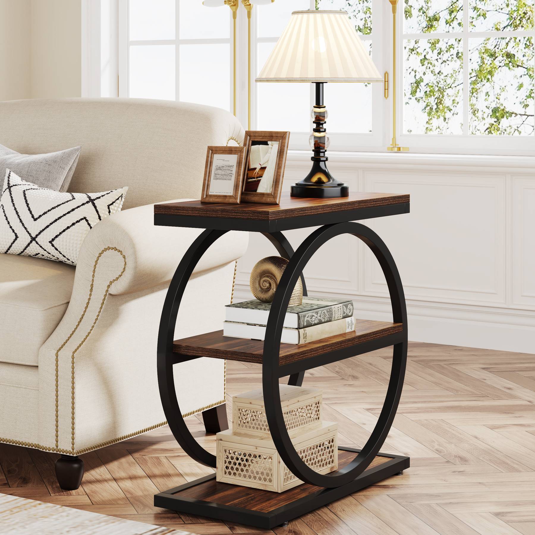 Industrieller 3-stufiger Couchtisch mit rundem Metallrahmen