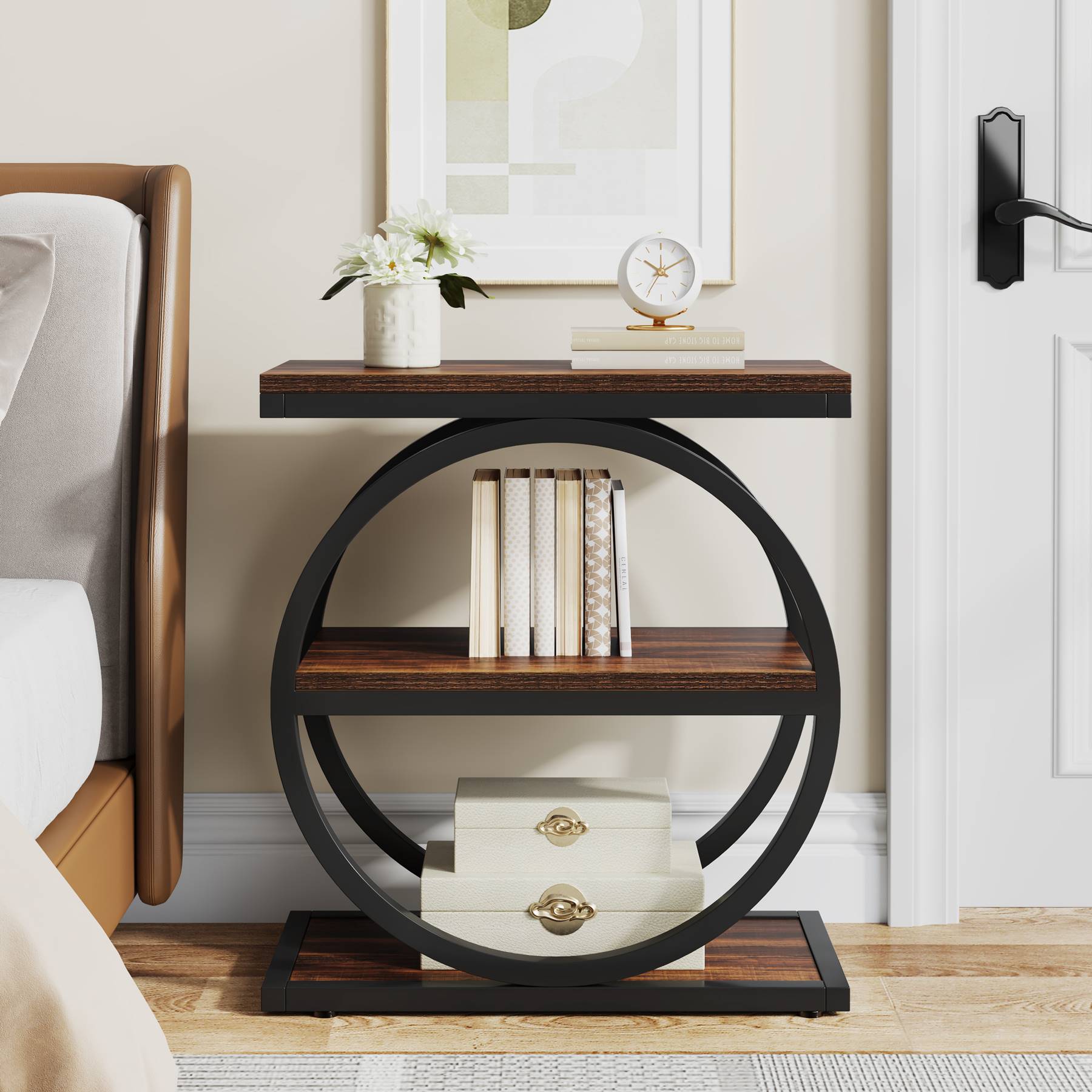 Industrieller 3-stufiger Couchtisch mit rundem Metallrahmen