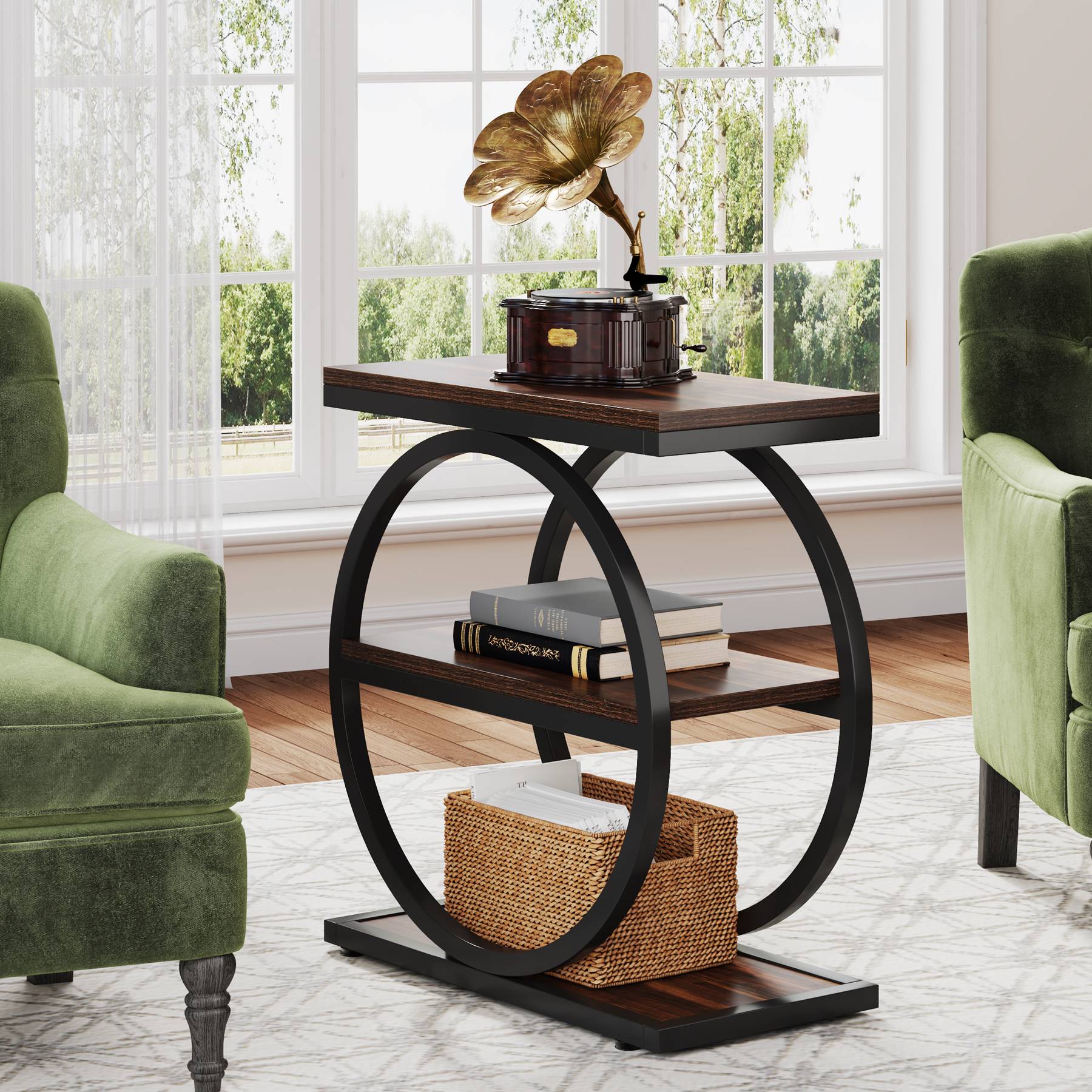 Industrieller 3-stufiger Couchtisch mit rundem Metallrahmen