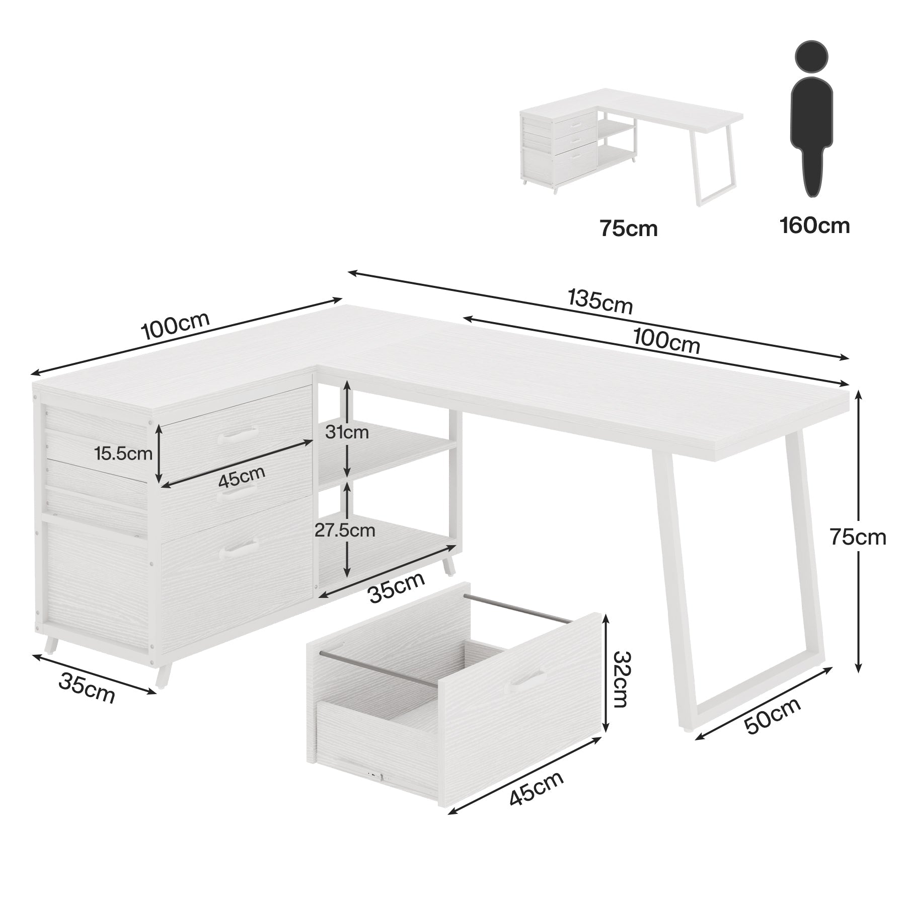 Reversibler L-förmiger Computertisch mit Schubladen und Regalen