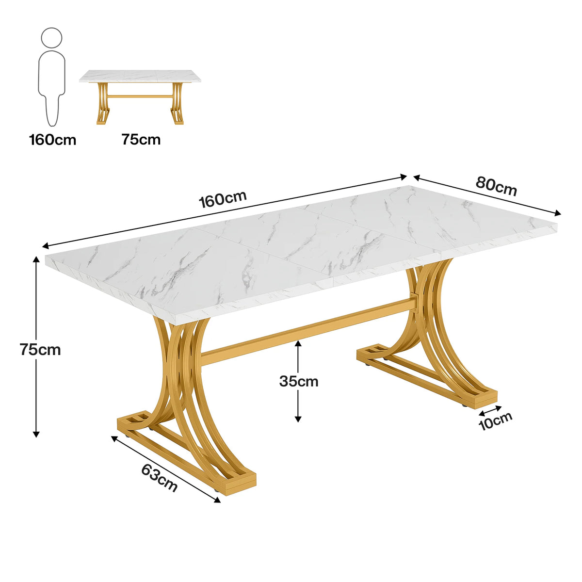 Esstisch rechteckig 160x80 cm mit Marmorplatte