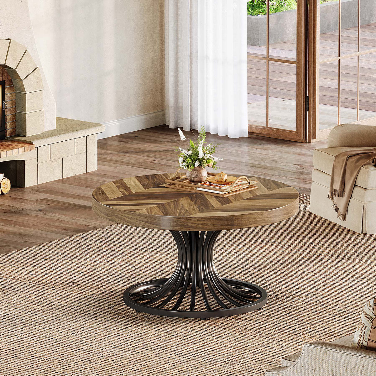 Runder Couchtisch 80 cm Holz mit Metallgestell