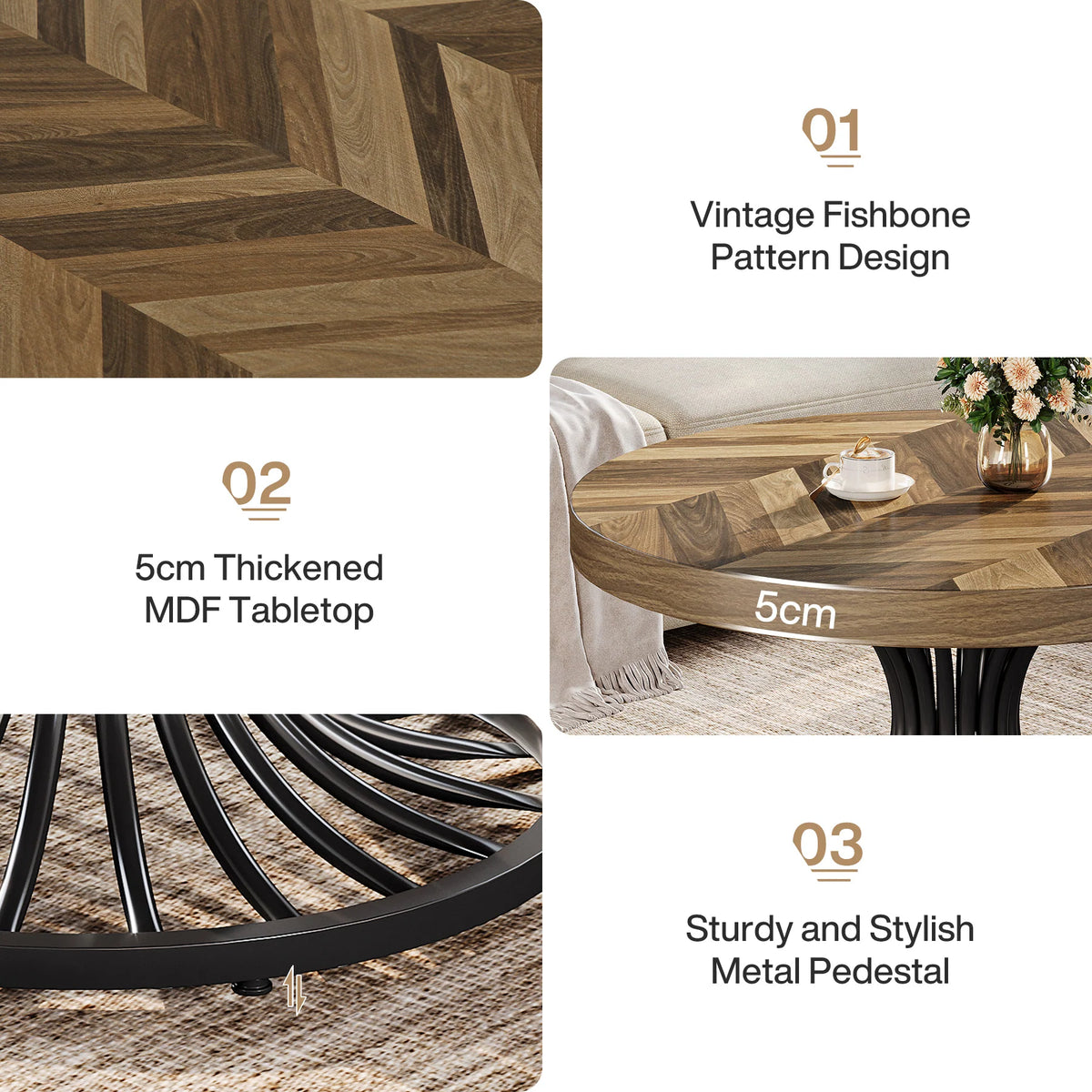 Runder Couchtisch 80 cm Holz mit Metallgestell