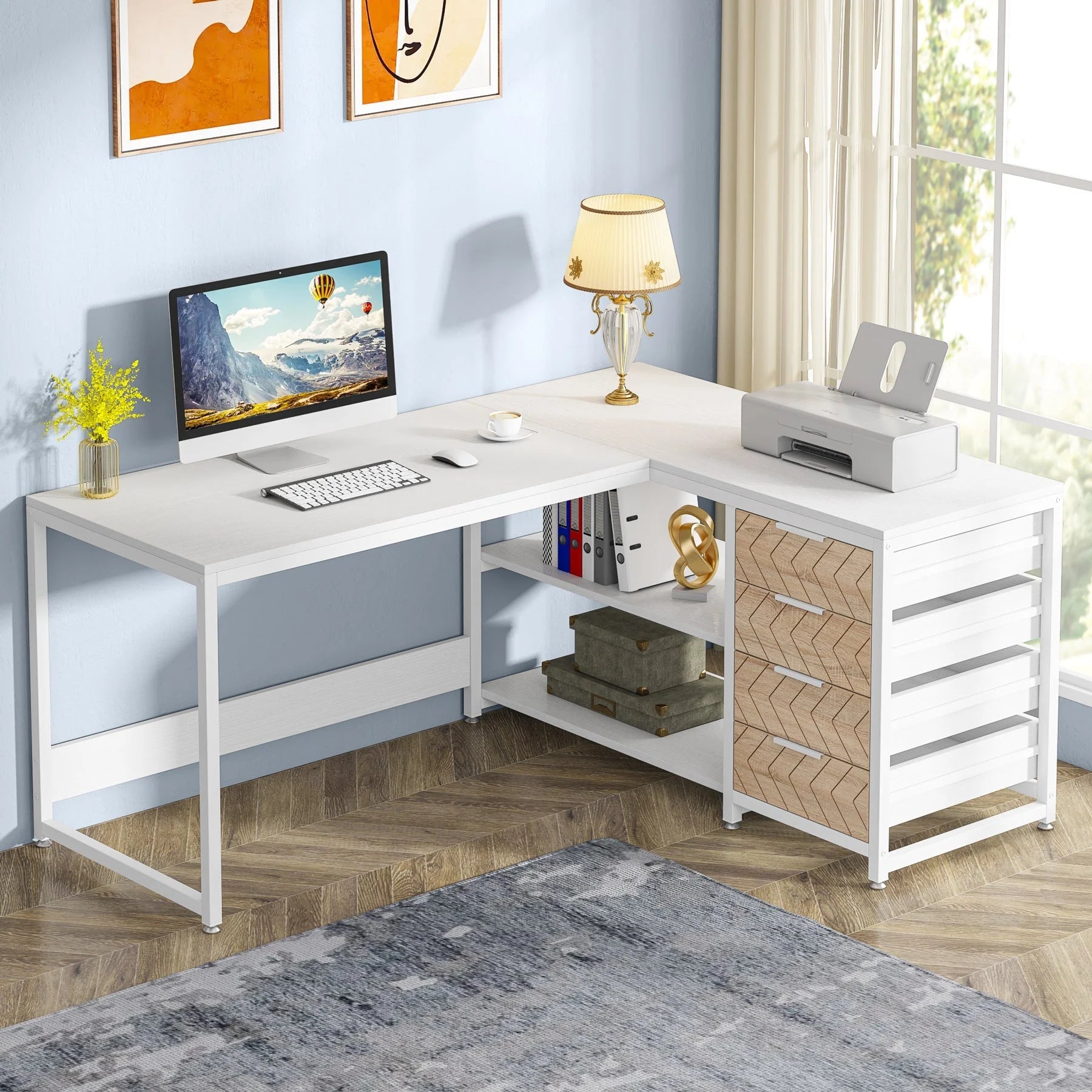 Eckschreibtisch L-förmig 150 cm mit Regal und Schubladen