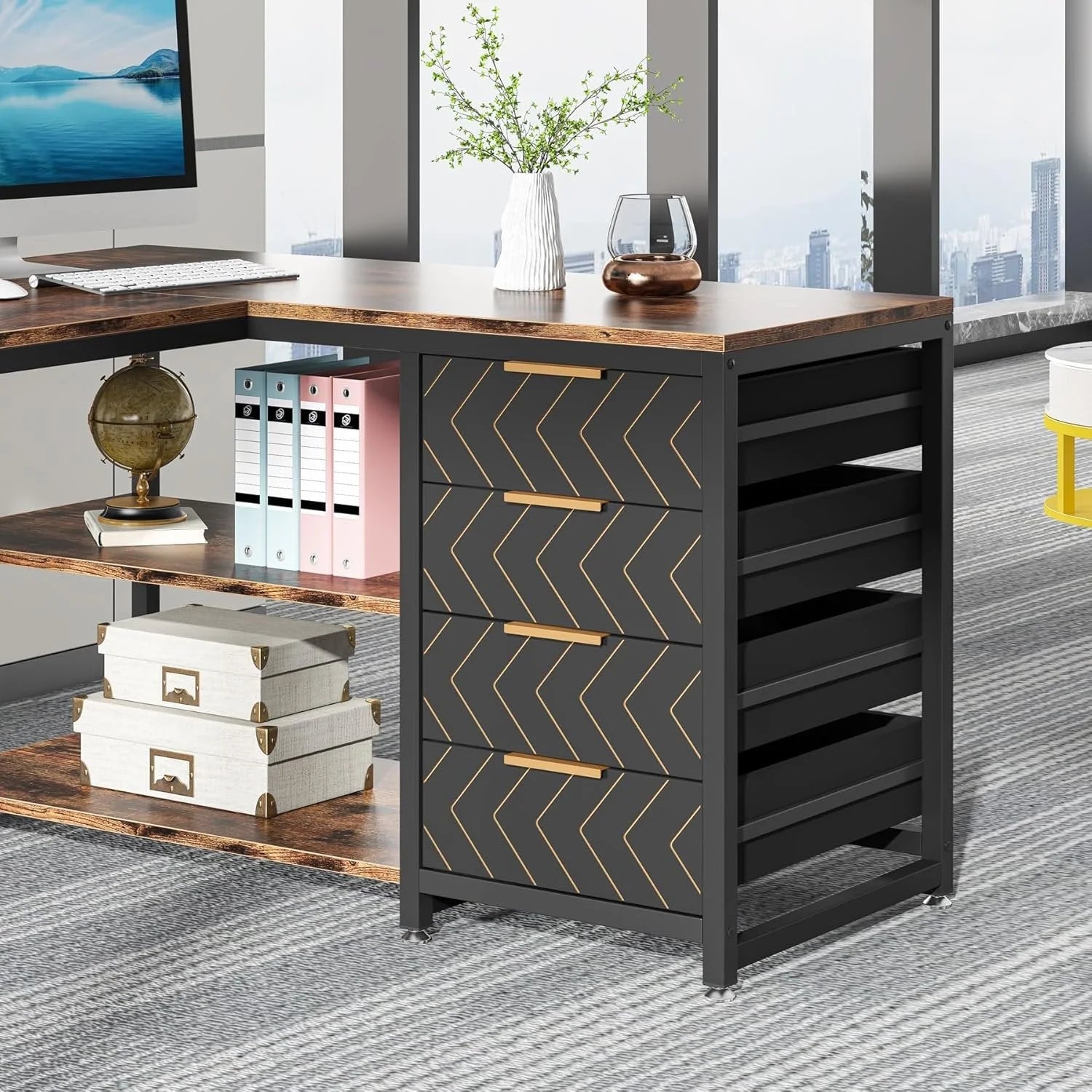 Eckschreibtisch L-förmig 150 cm mit Regal und Schubladen