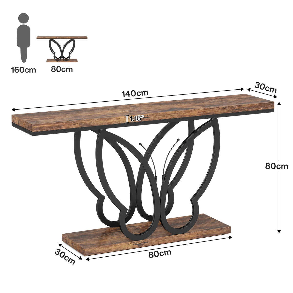 Bauernhaus-Konsolentisch mit Schmetterlings-Metallrahmen, 140 cm