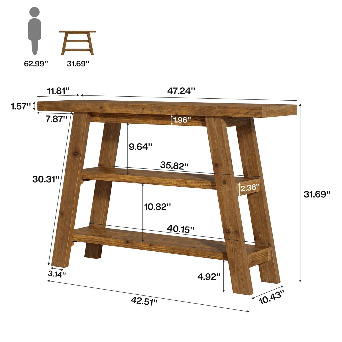 Konsolentisch aus Holz 120 cm mit 3 Ablagen, rustikaler Stil