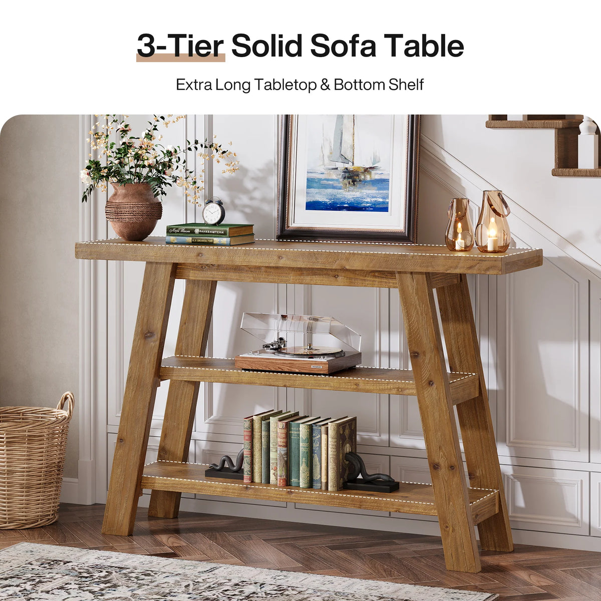 Konsolentisch aus Holz 120 cm mit 3 Ablagen, rustikaler Stil
