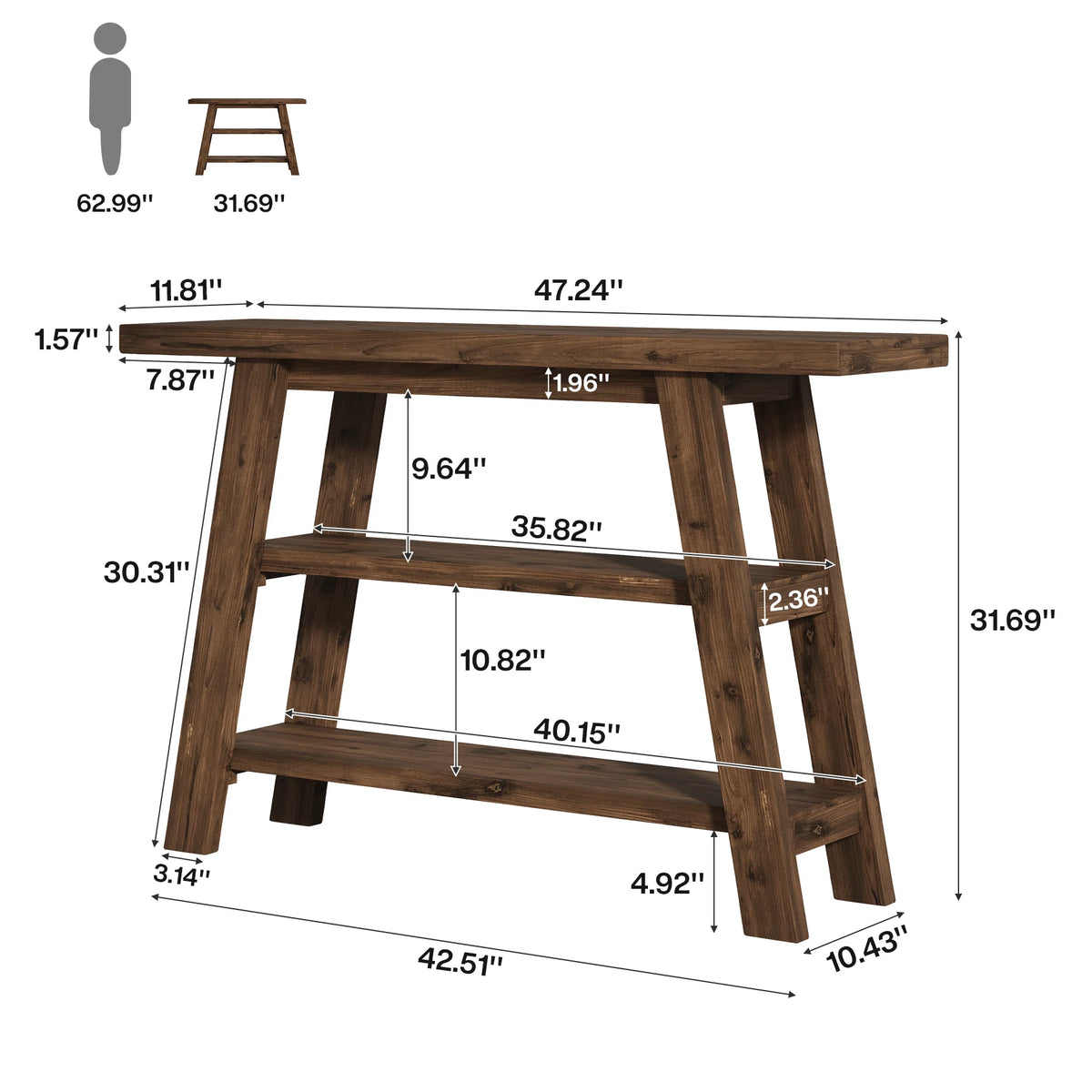 Konsolentisch aus Holz 120 cm mit 3 Ablagen, rustikaler Stil