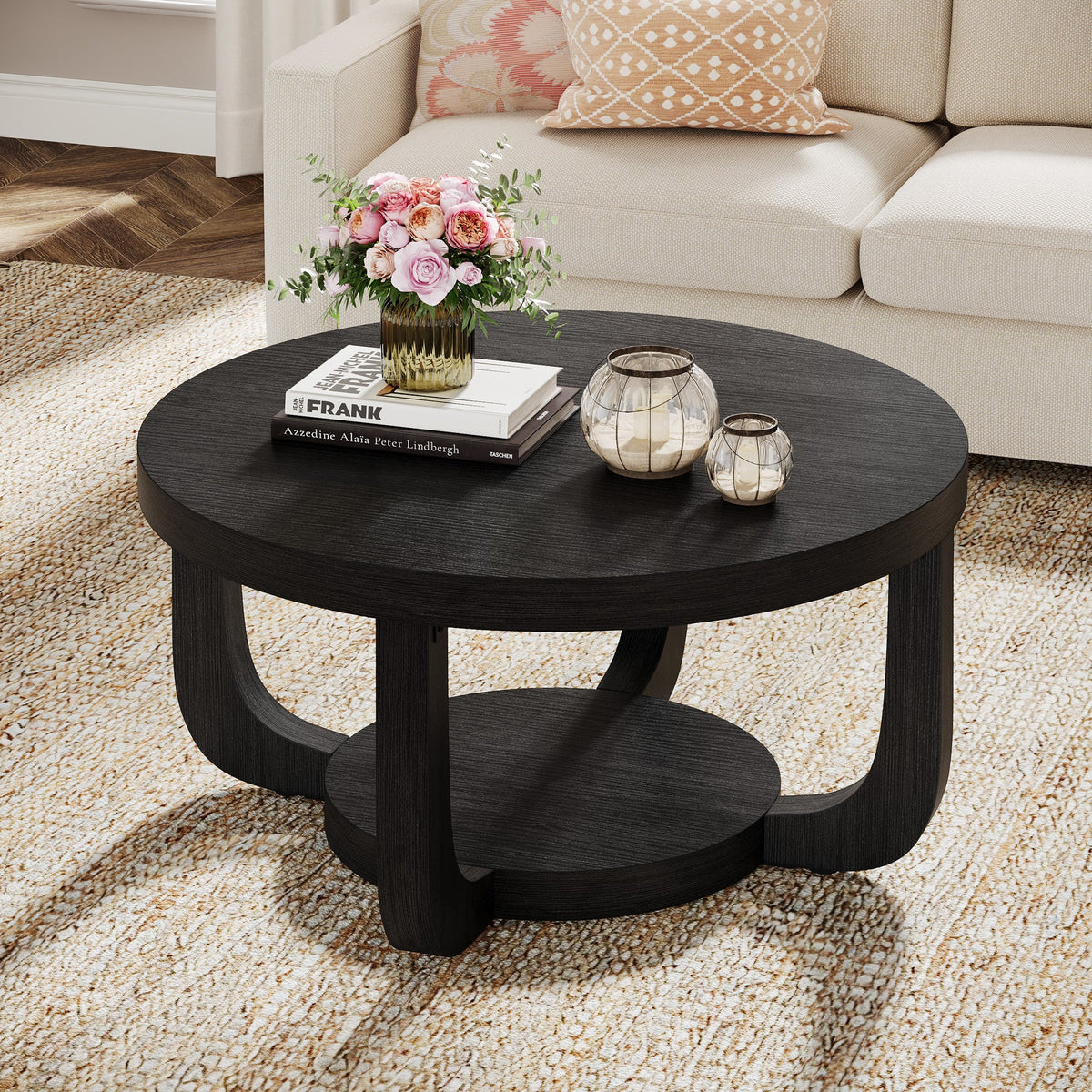 Runder Couchtisch 80 cm mit Stauraum Rustikalbraun