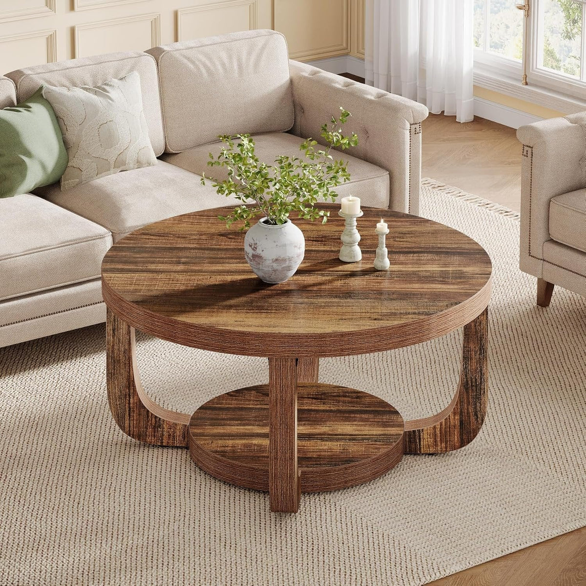 Runder Couchtisch 80 cm mit Stauraum Rustikalbraun