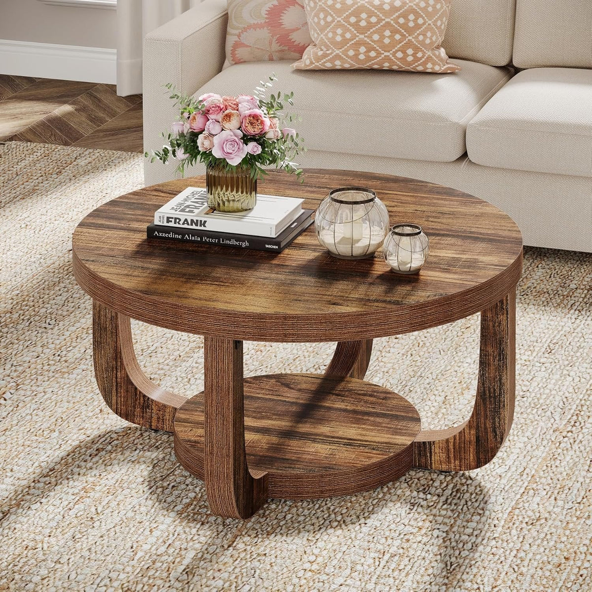 Runder Couchtisch 80 cm mit Stauraum Rustikalbraun