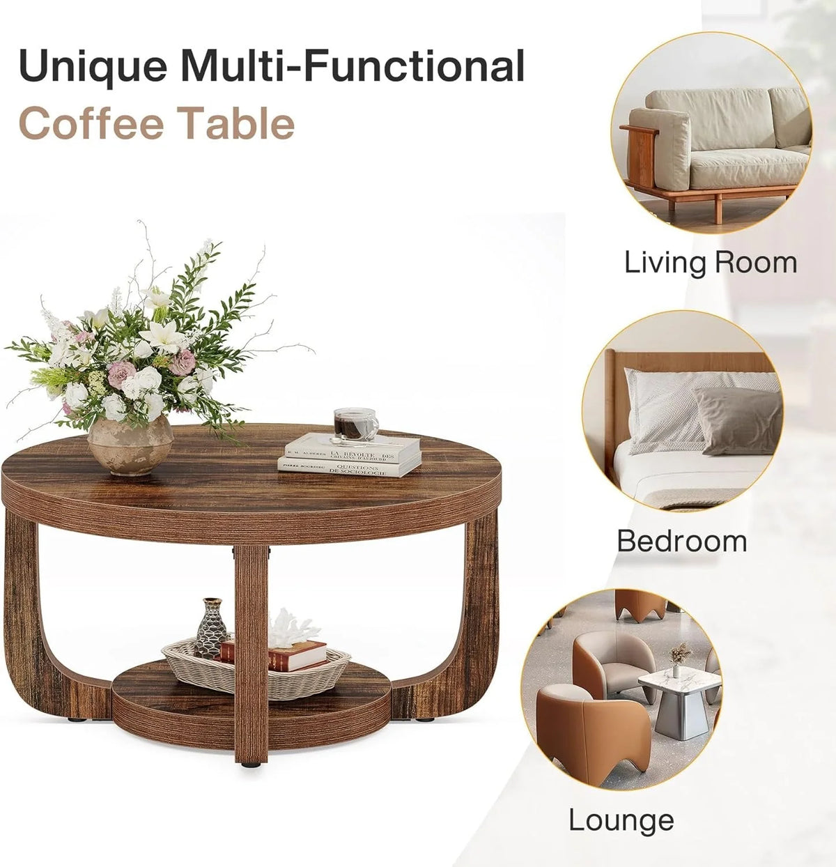 Runder Couchtisch 80 cm mit Stauraum Rustikalbraun