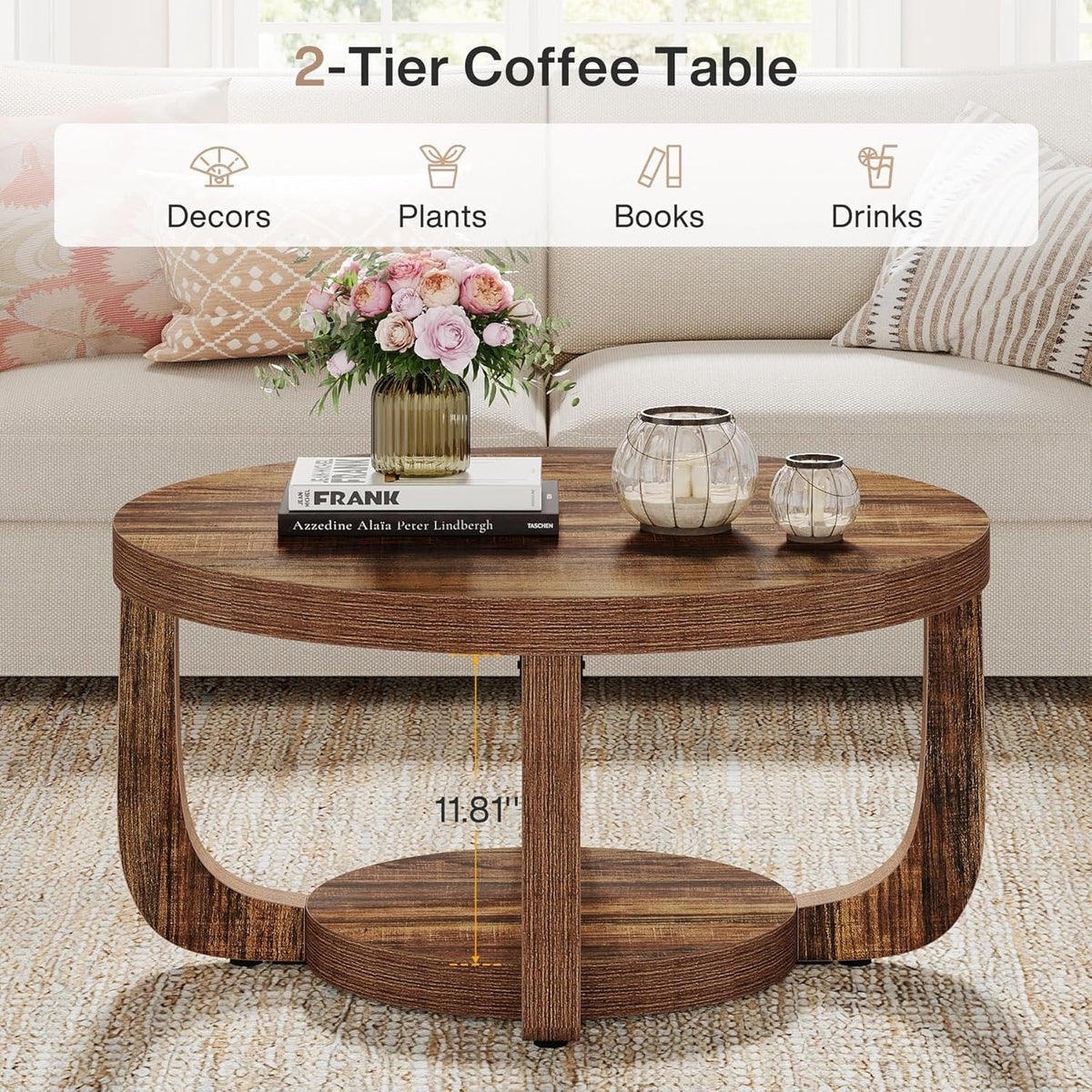 Runder Couchtisch 80 cm mit Stauraum Rustikalbraun