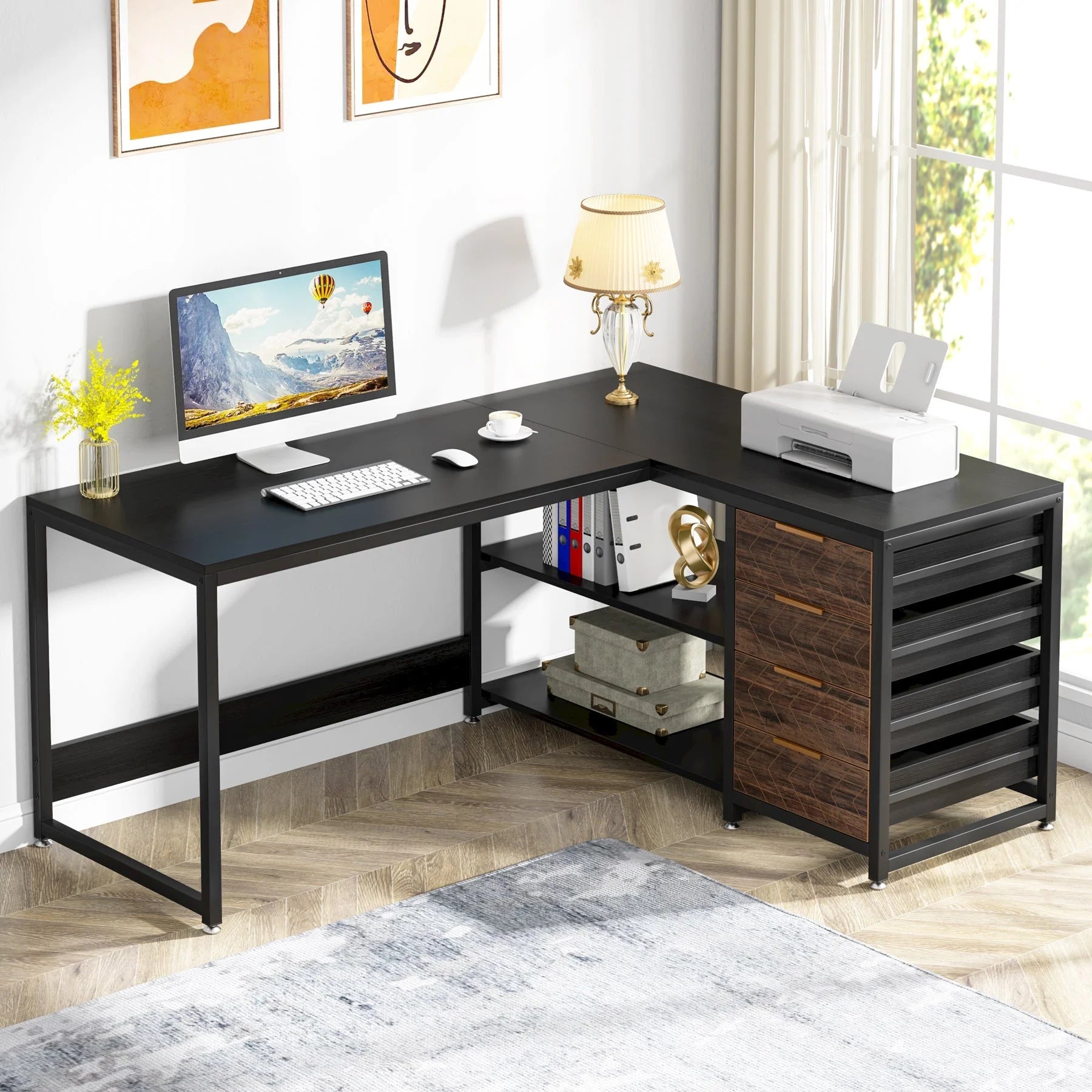 Eckschreibtisch L-förmig 150 cm mit Regal und Schubladen