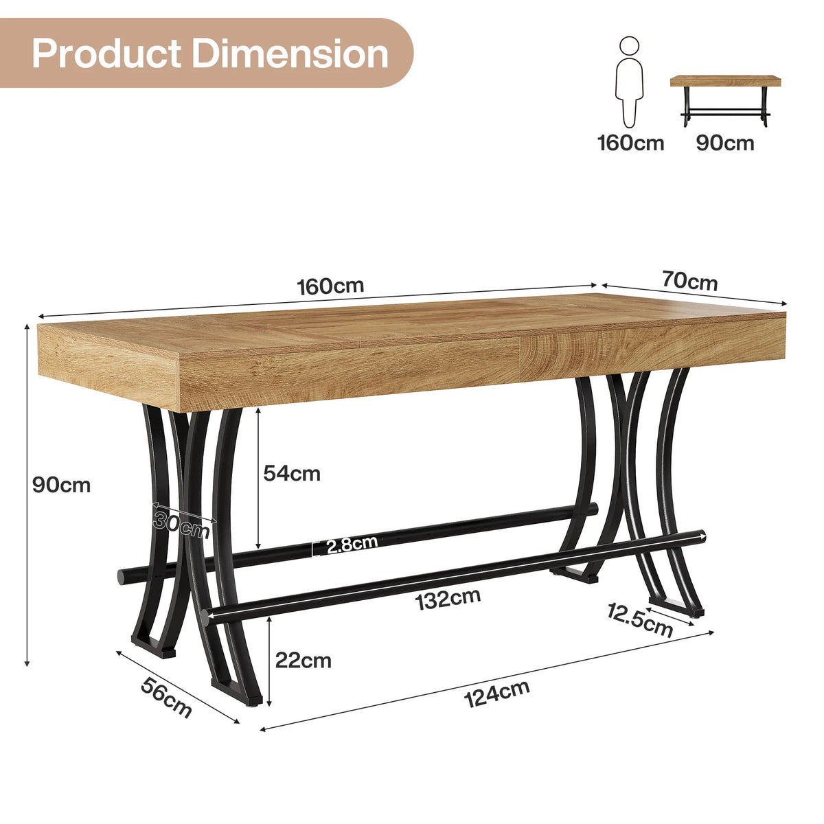 Bartisch 160 cm Industrie-Design mit Fußstütze Rustikalbraun