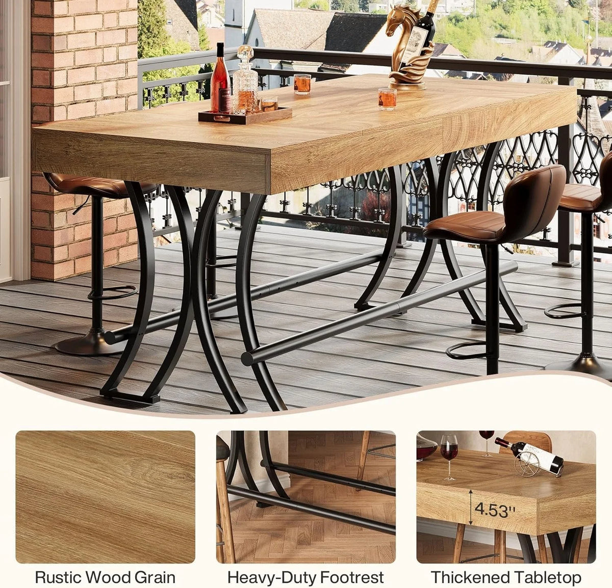 Bartisch 160 cm Industrie-Design mit Fußstütze Rustikalbraun