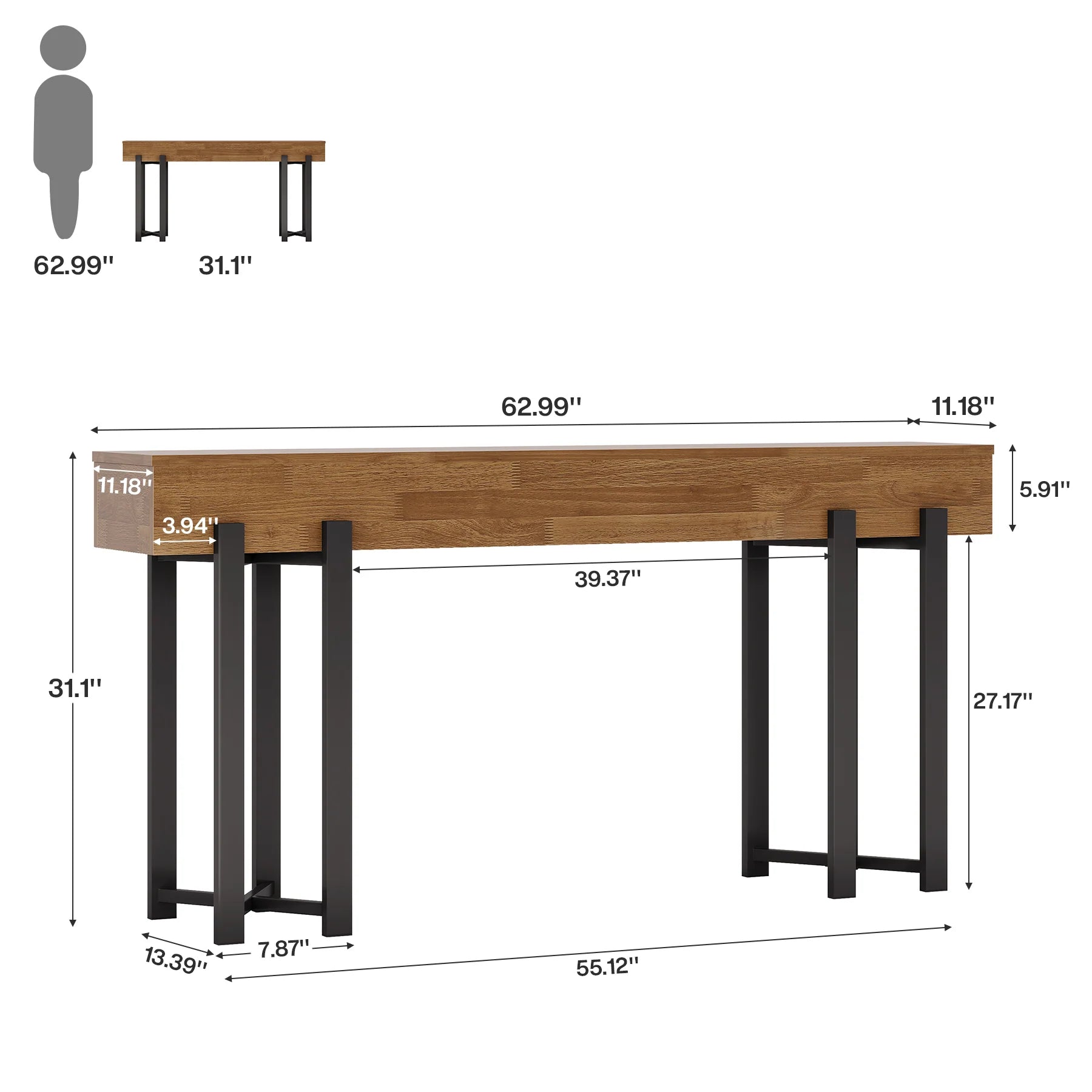 Rustikaler Konsolentisch 160 cm mit Metallgestell