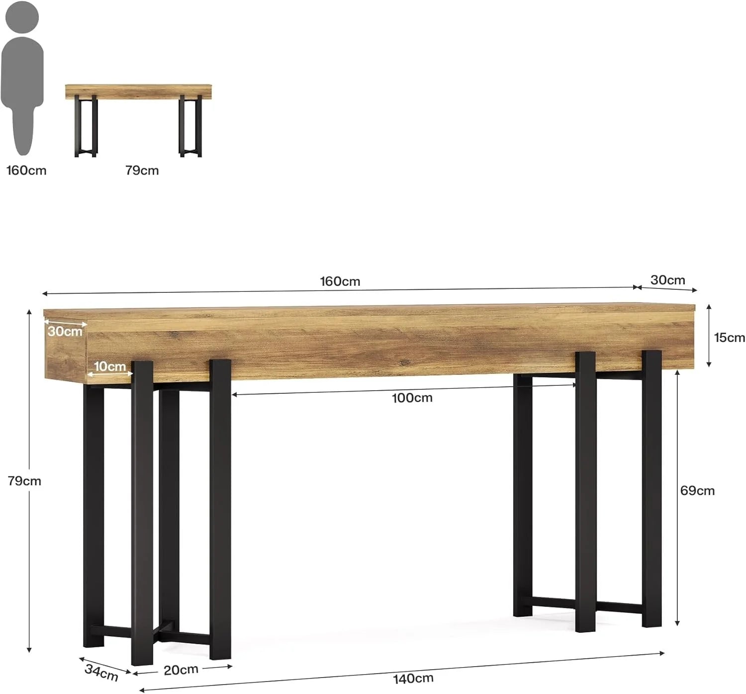 Rustikaler Konsolentisch 160 cm mit Metallgestell