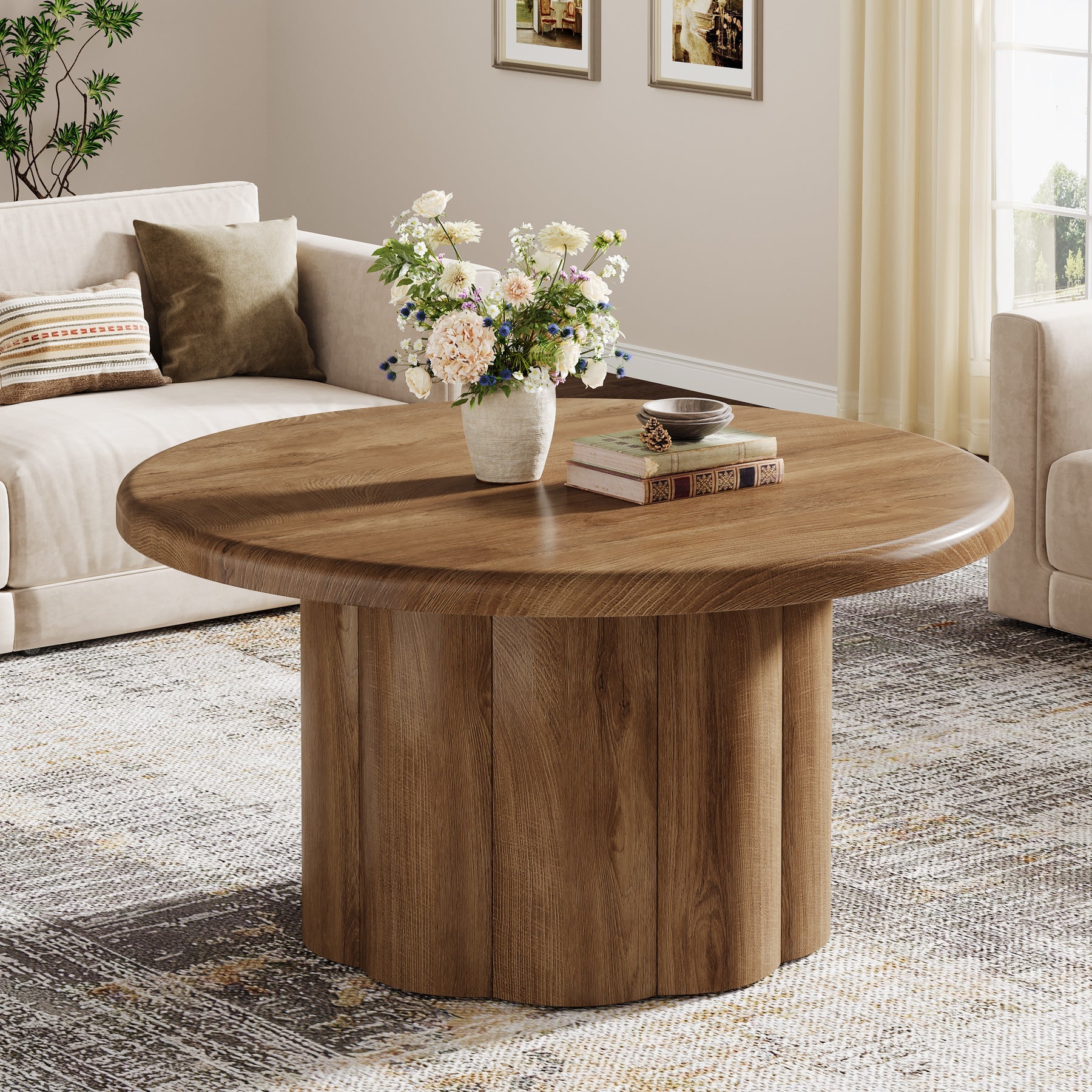 Runder Couchtisch 80 cm mit gerilltem Bronzeuntergestell