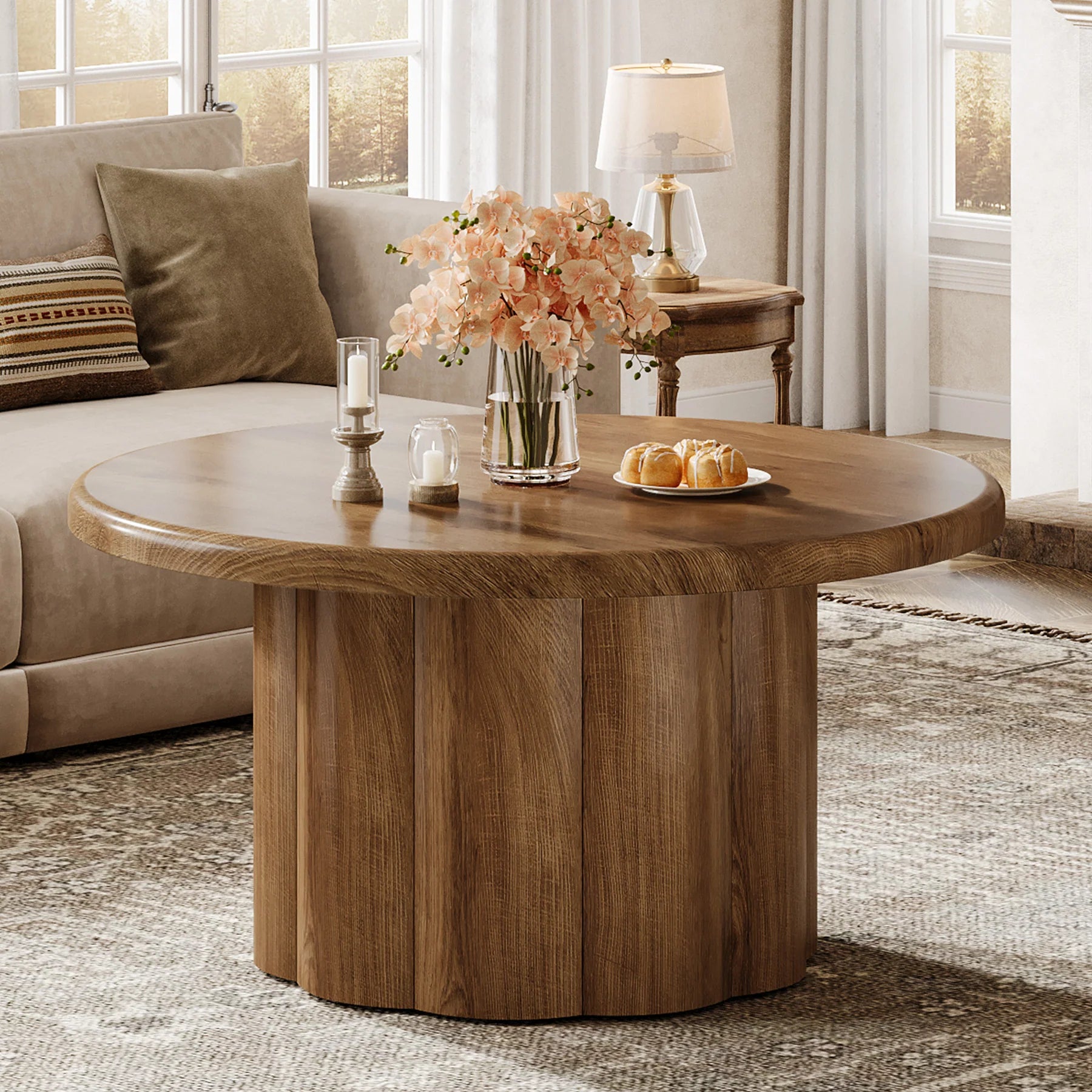 Runder Couchtisch 80 cm mit gerilltem Bronzeuntergestell