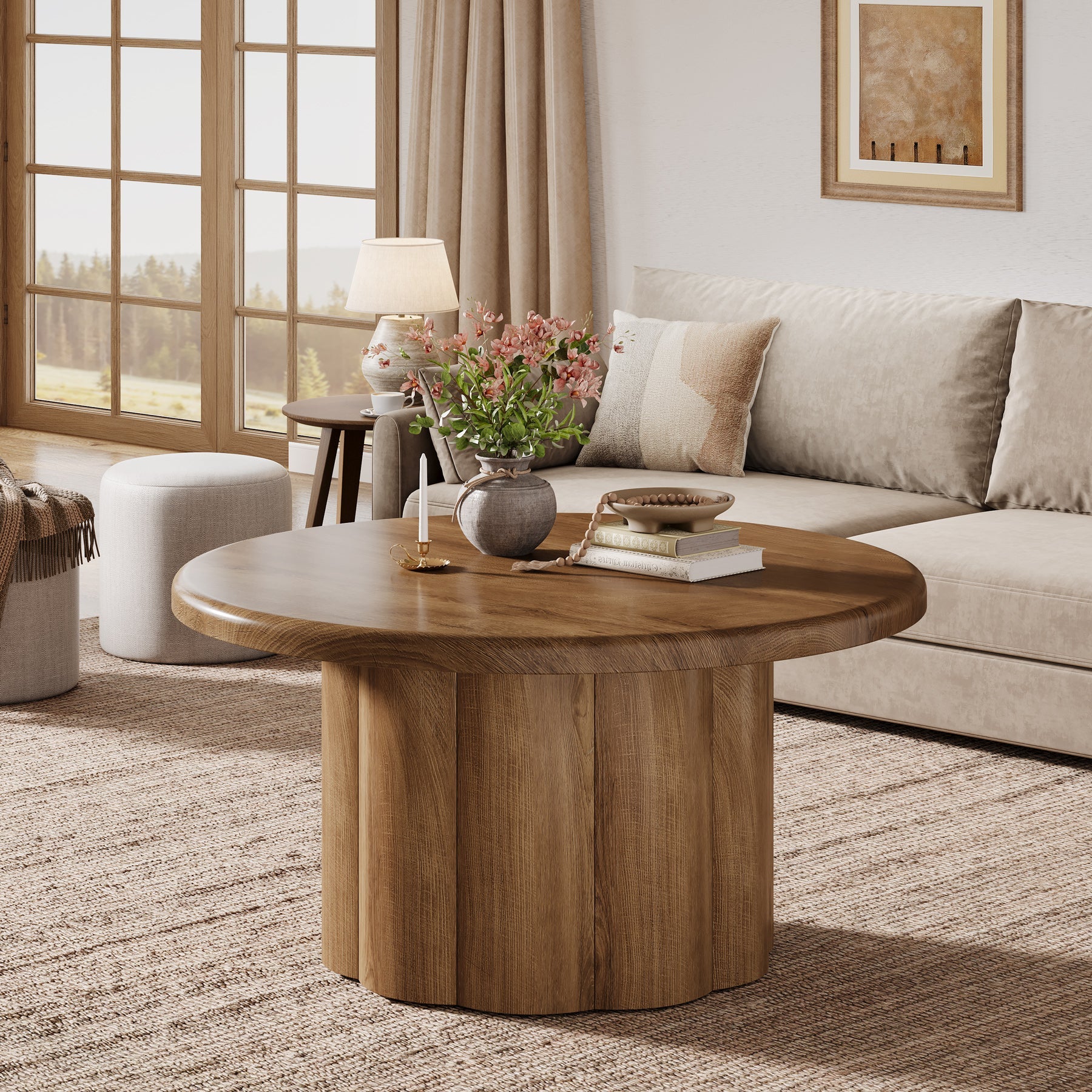 Runder Couchtisch 80 cm mit gerilltem Bronzeuntergestell