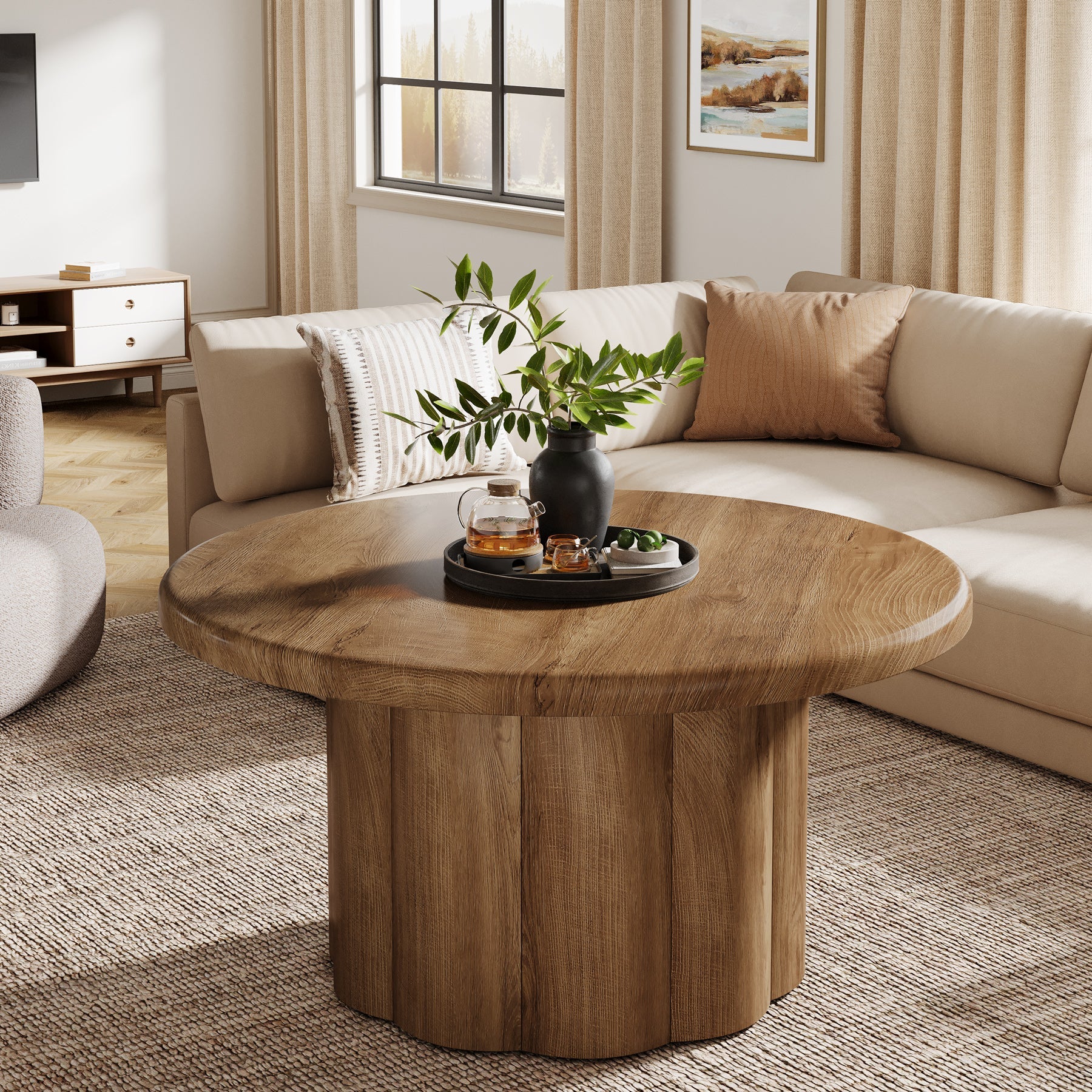 Runder Couchtisch 80 cm mit gerilltem Bronzeuntergestell