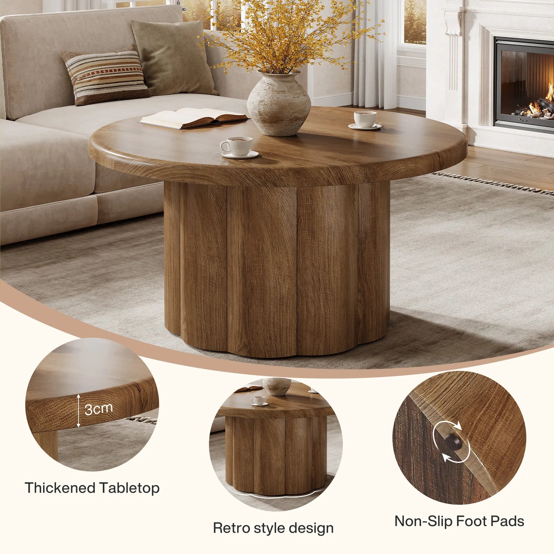 Runder Couchtisch 80 cm mit gerilltem Bronzeuntergestell