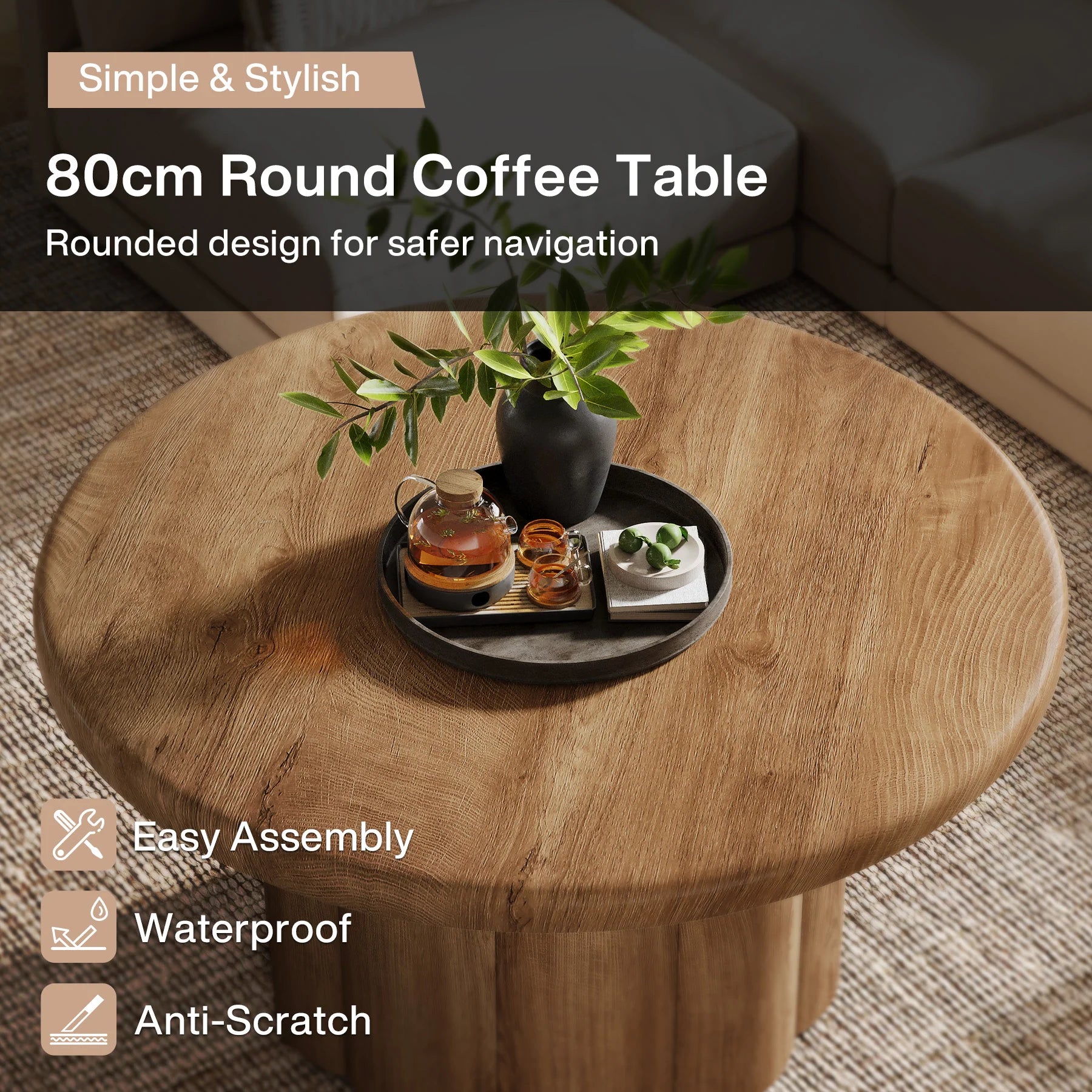 Runder Couchtisch 80 cm mit gerilltem Bronzeuntergestell