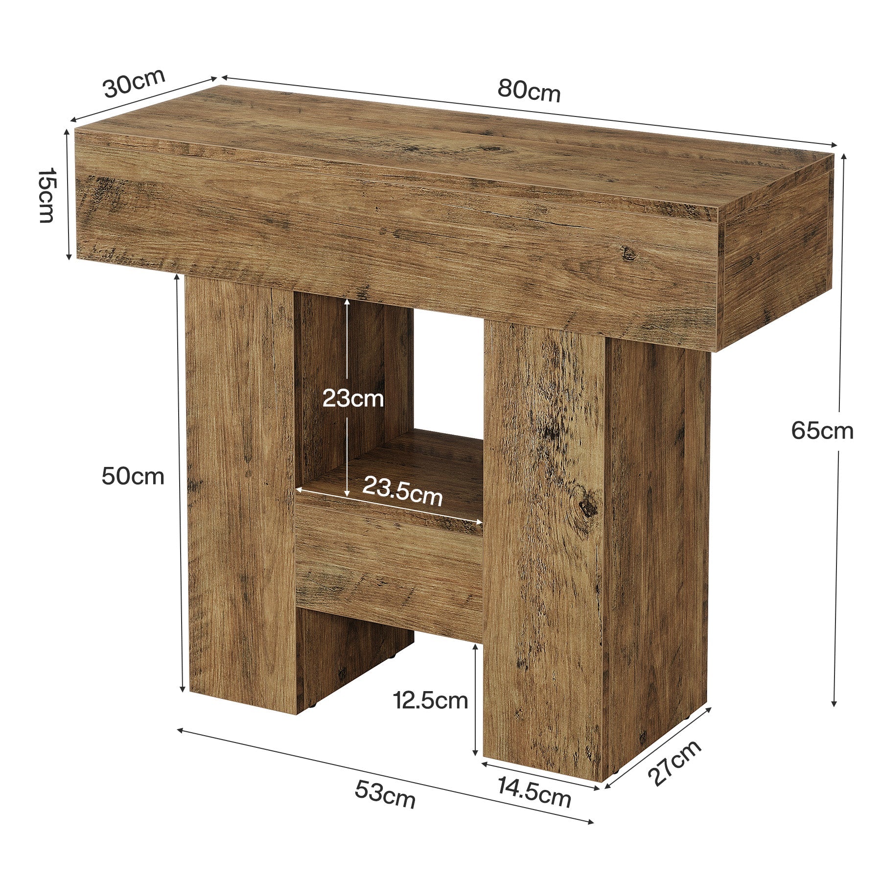 Schmaler Beistelltisch mit 2 Ablagen, rustikales Design