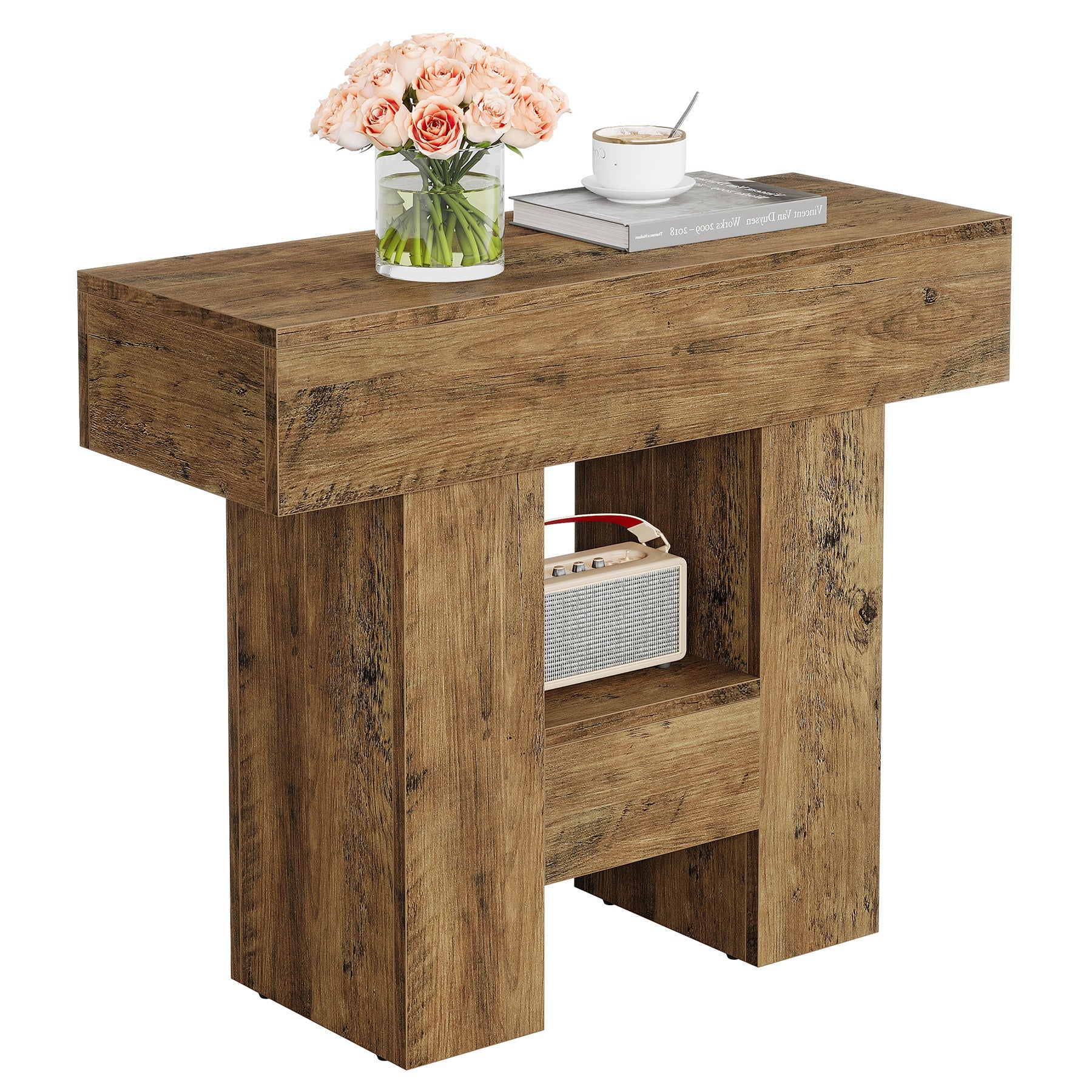 Schmaler Beistelltisch mit 2 Ablagen, rustikales Design