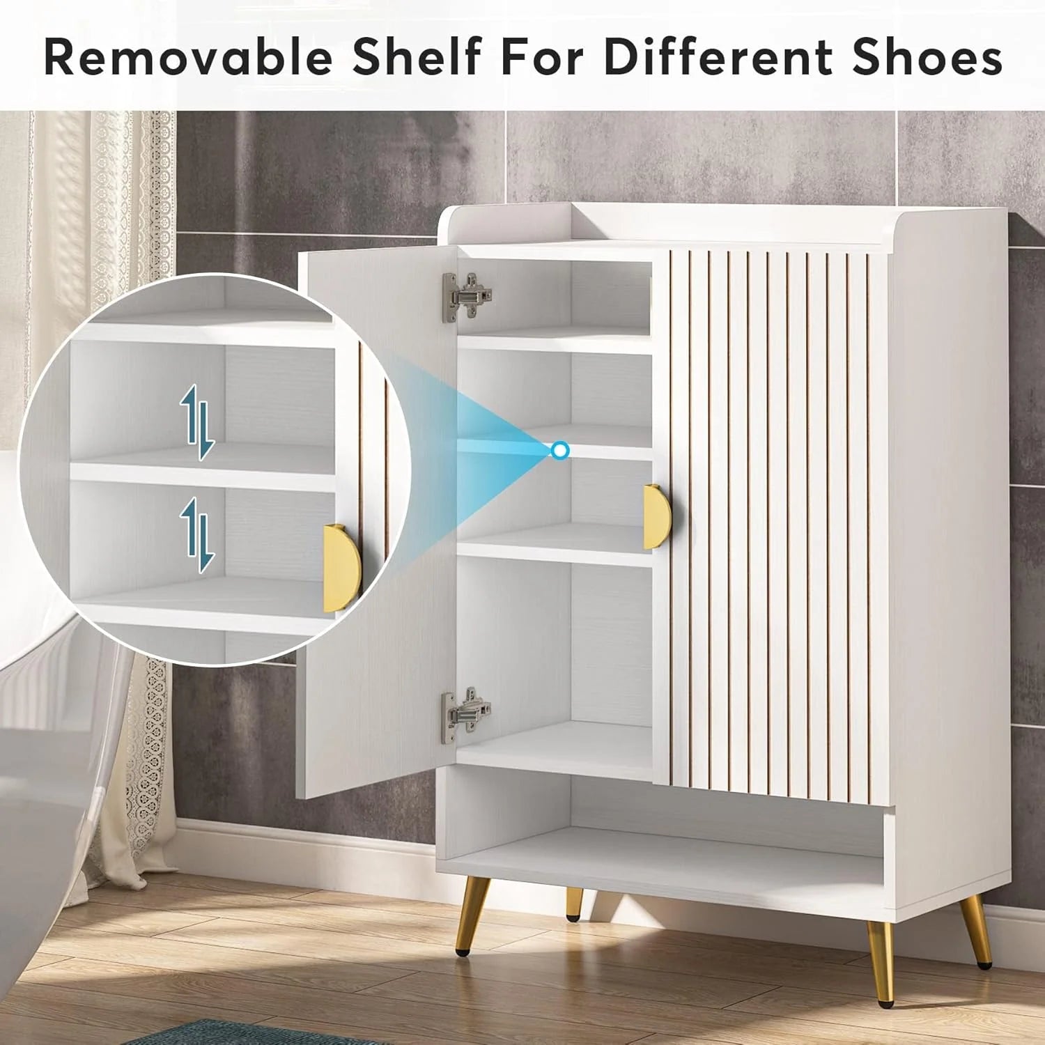 Moderner Schuhschrank mit goldenem Metallrahmen