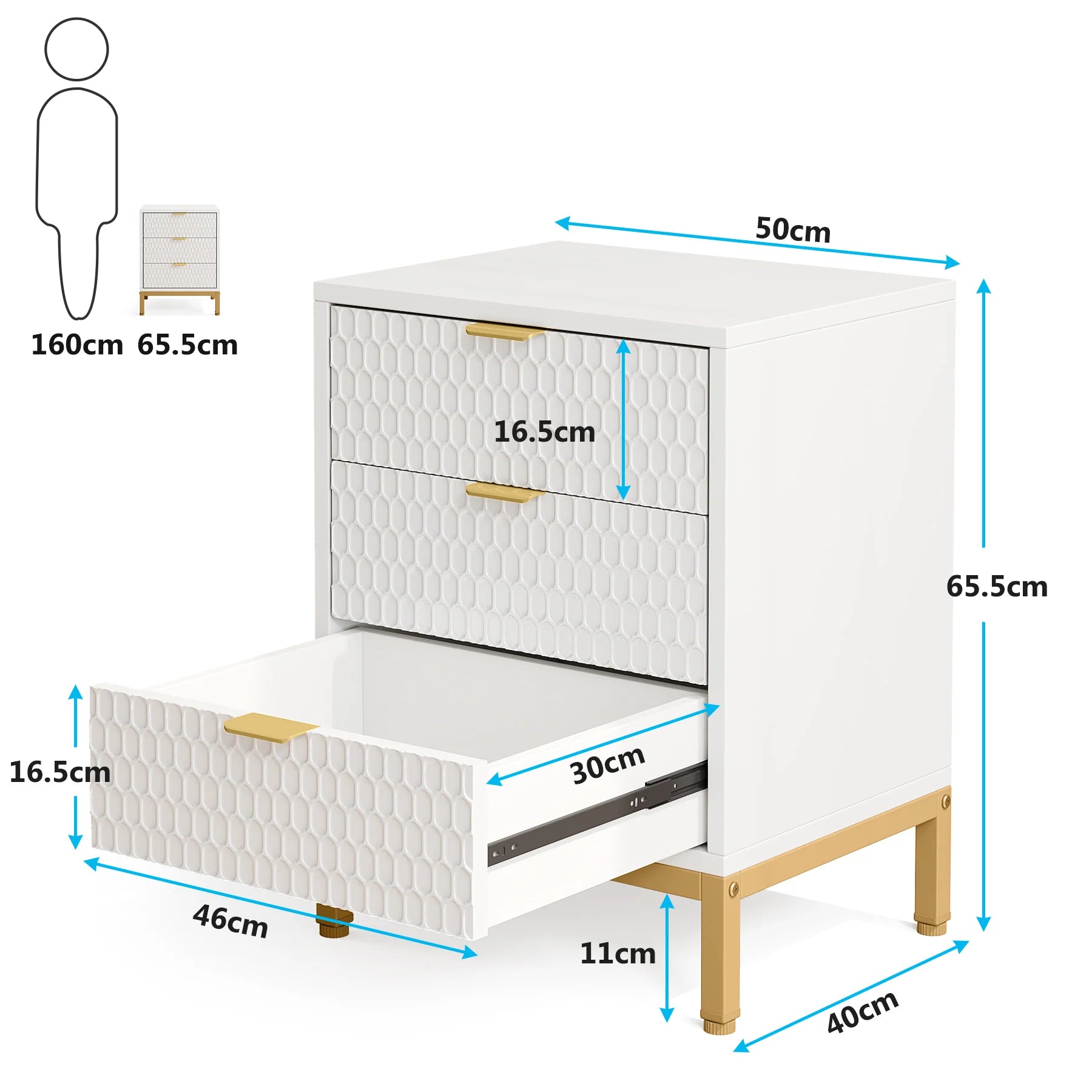 Moderner Nachttisch mit 3 Schubladen, 65,5 cm