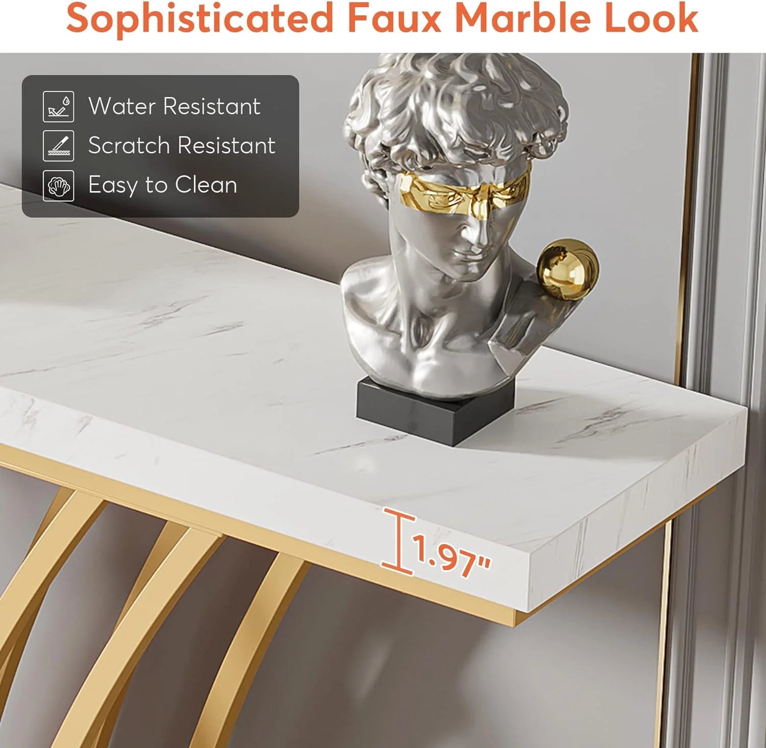 Moderner Konsolentisch, goldfarben, mit Kunstmarmor