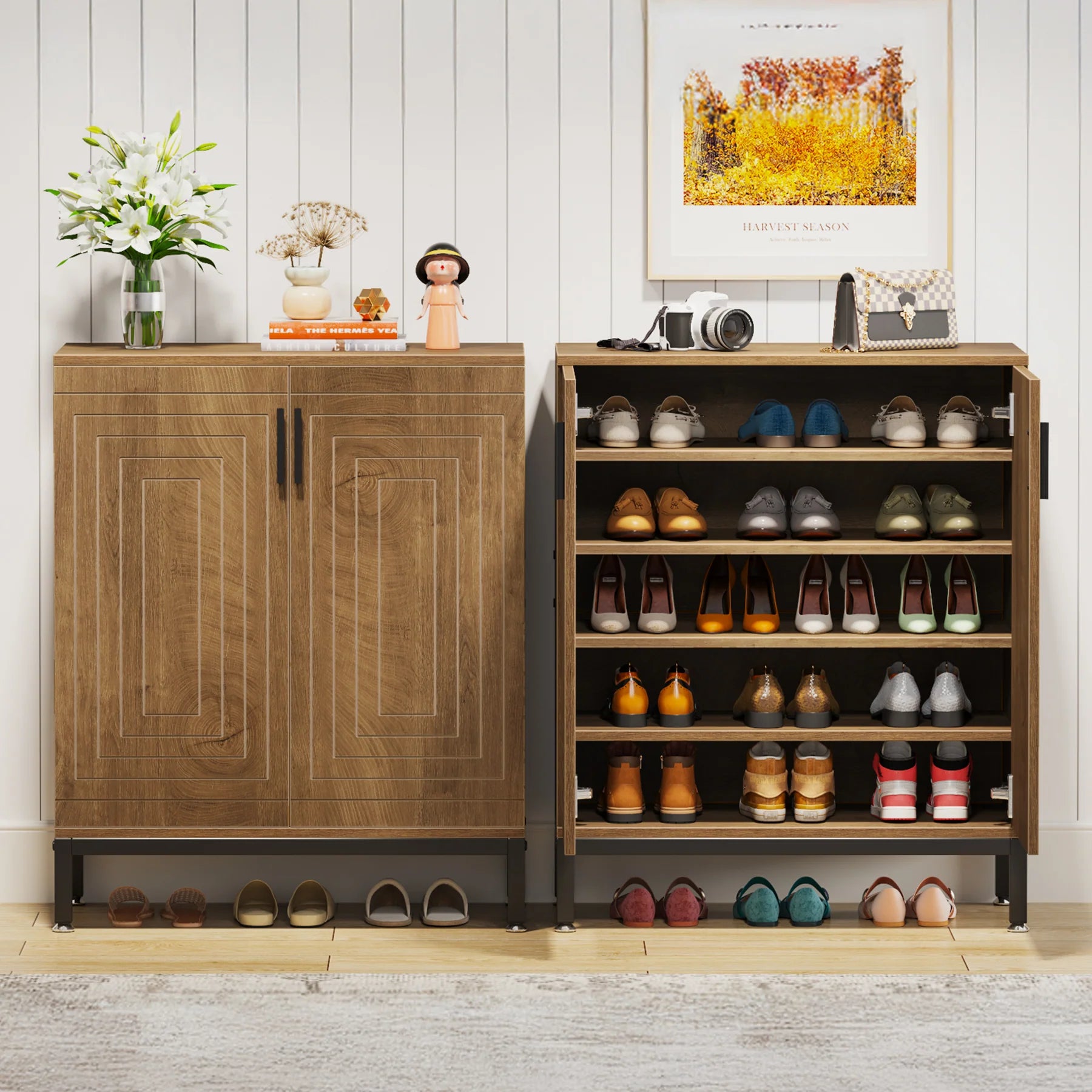 Schuhschrank mit 5 Ablagen – weiß mit geometrischem Muster