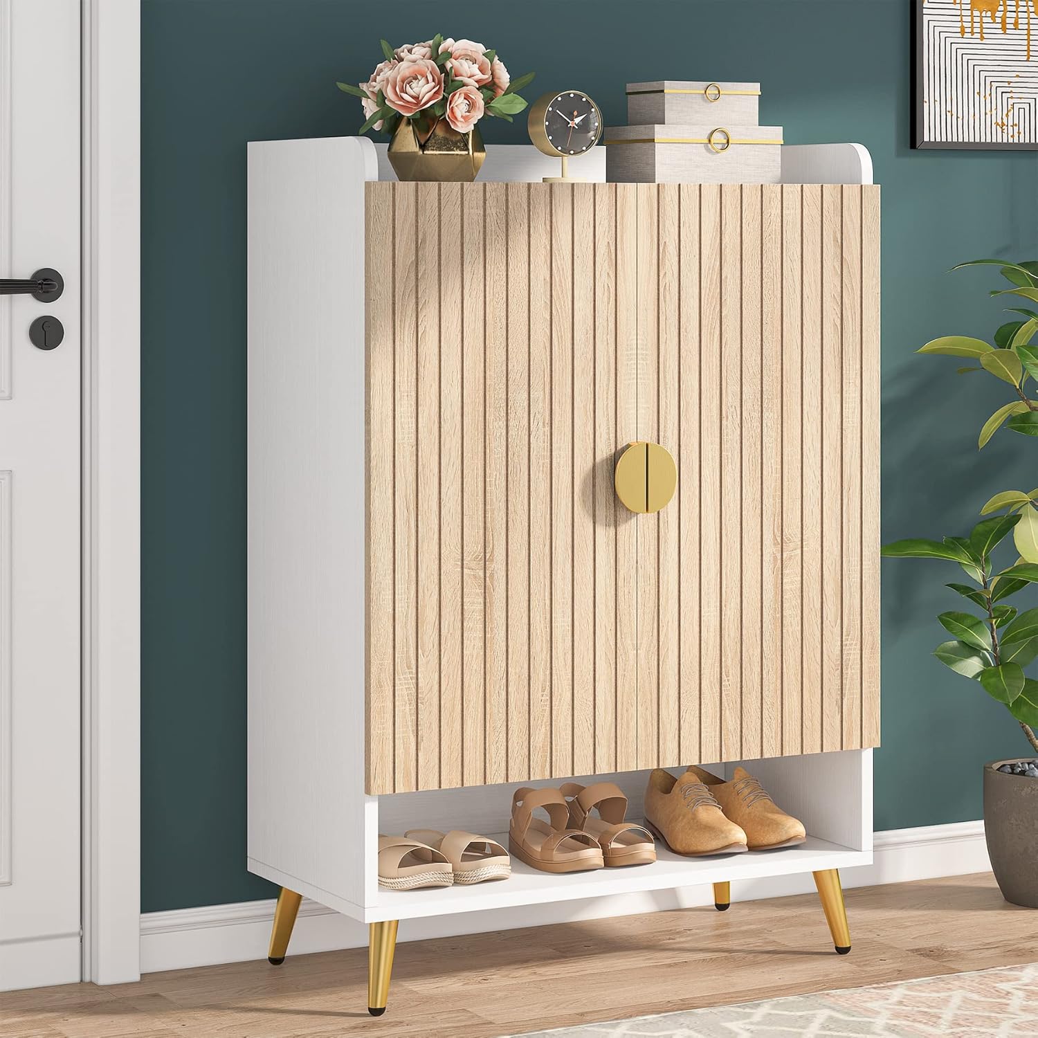 Moderner weißer Schuhschrank mit 2 Türen und goldenem Metallrahmen