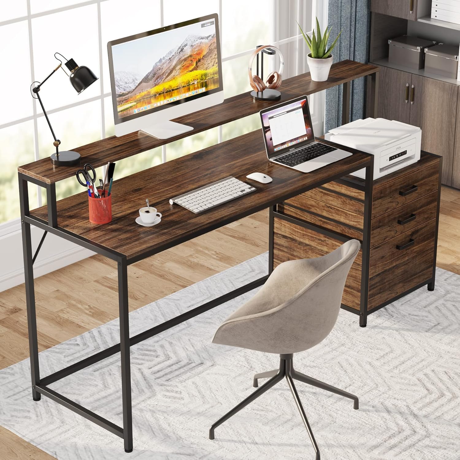 Ergonomischer Computertisch mit Schubladen und Monitorständer