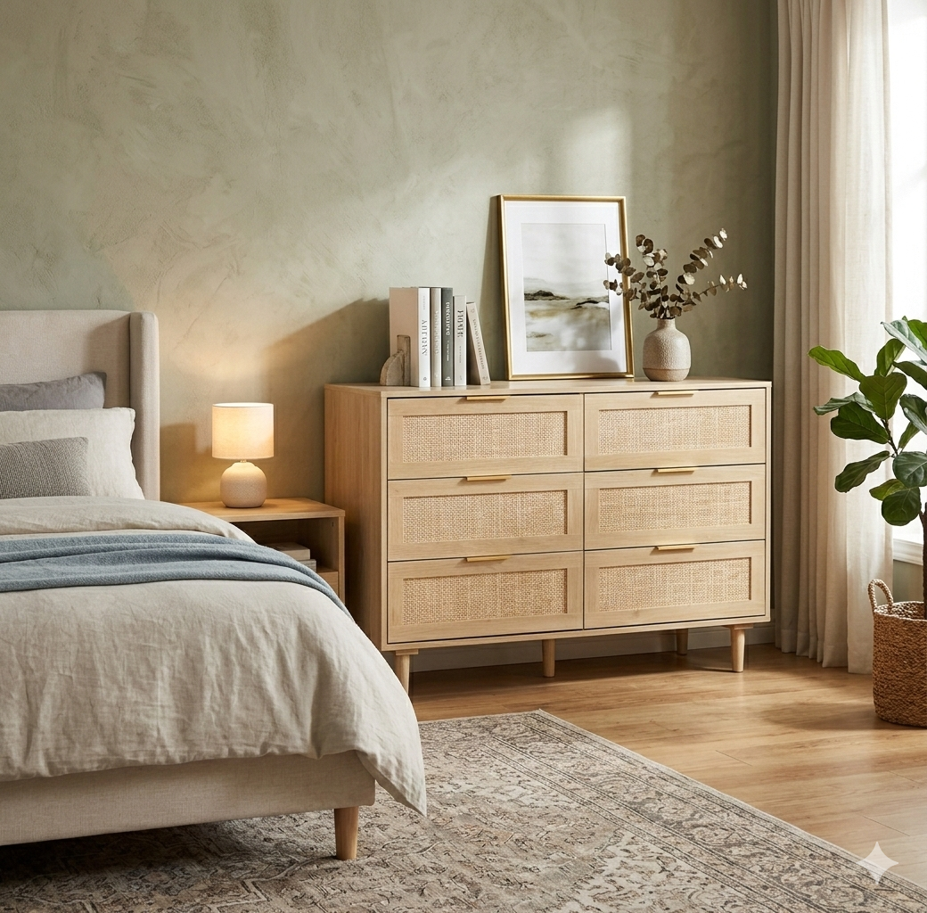 Kommode mit 6 Schubladen und Rattanverflechtung