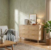 Kommode mit 6 Schubladen und Rattanverflechtung