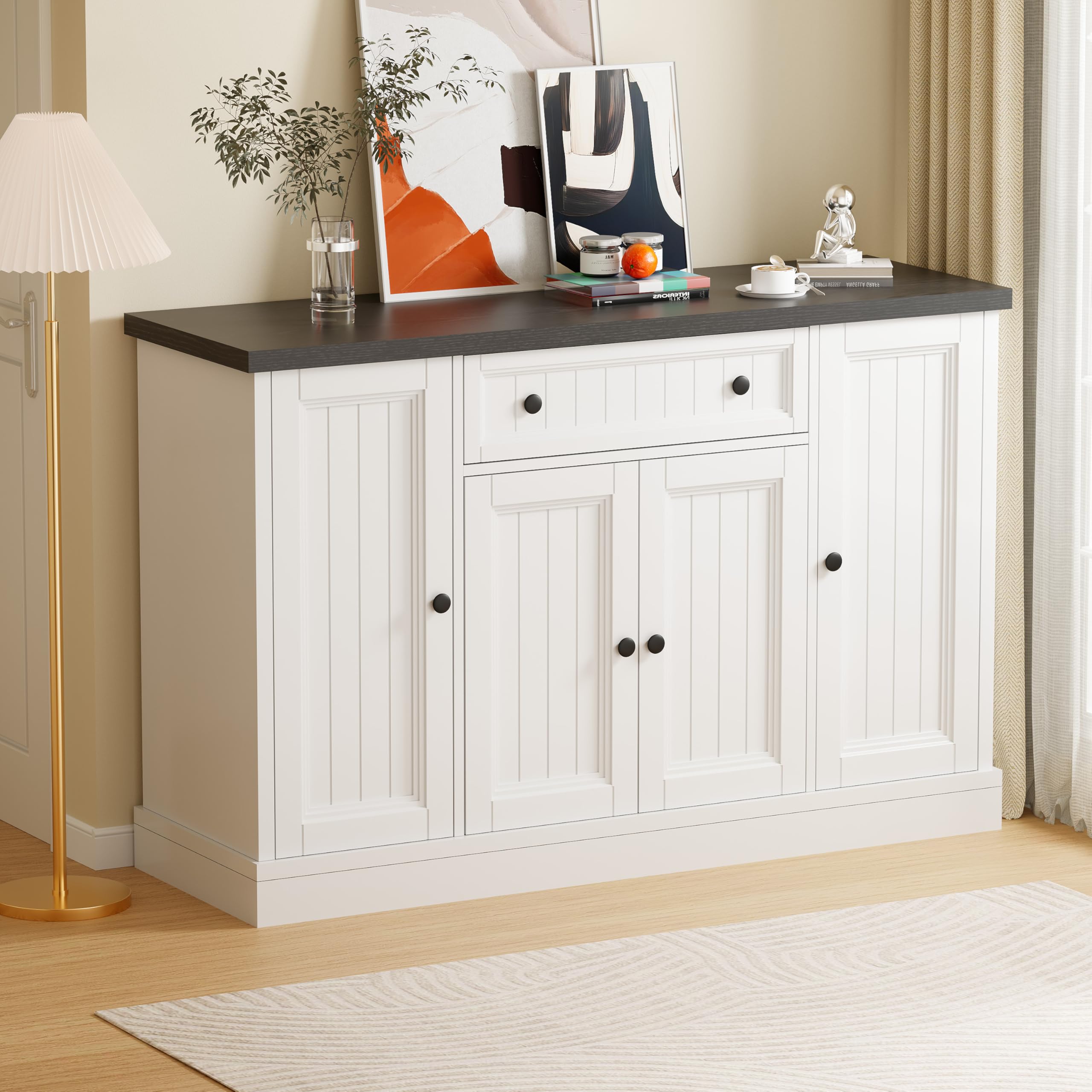 Weißes Sideboard Buffet Scandic mit schwarzer Platte, 4 Türen und einer Schublade, 120 cm