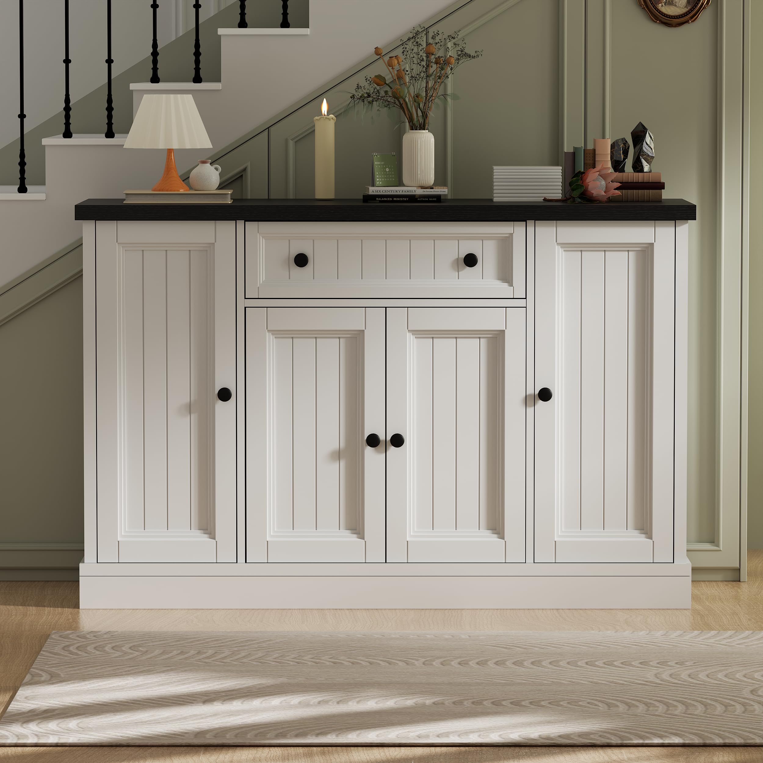 Weißes Sideboard Buffet Scandic mit schwarzer Platte, 4 Türen und einer Schublade, 120 cm